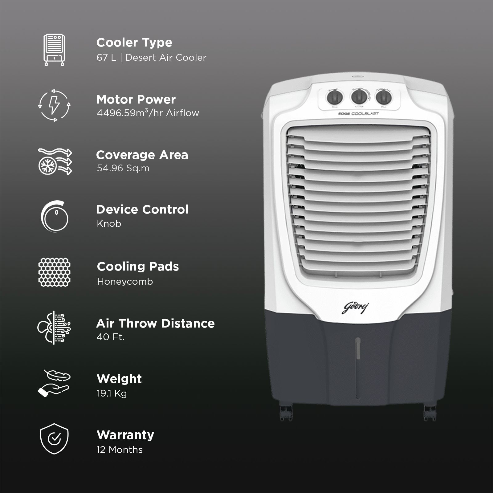 Godrej CoolBlast 67 Litres Desert Air Cooler with Ice Drip Technology (Thermal Overload Protection, White & Grey)_3
