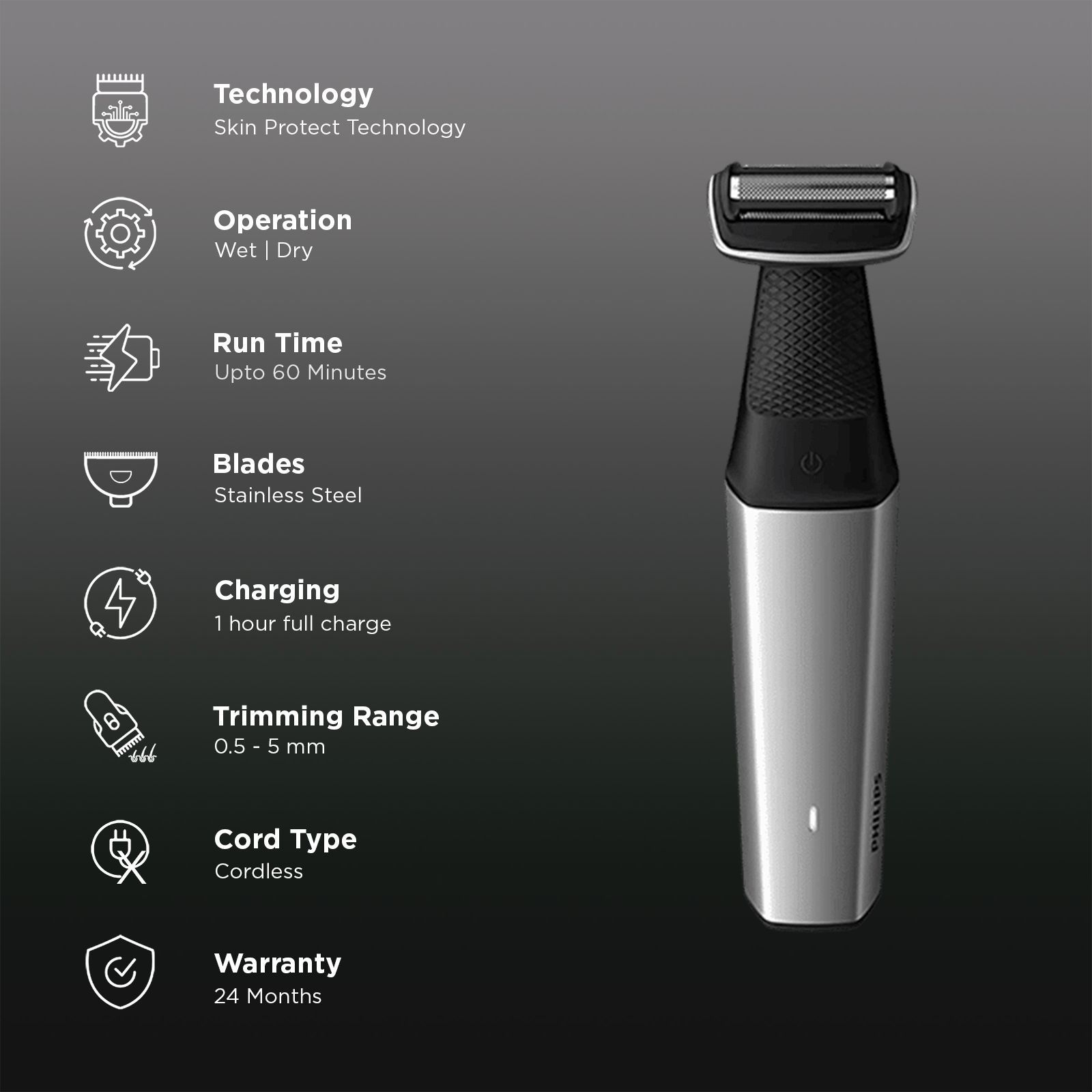 PHILIPS Bodygroom Series 5000 Rechargeable Cordless Body Groomer for Back, Body, Underarms, Intimate Areas for Men (60mins Runtime, Skin Protect Technology, Black & Silver)_3