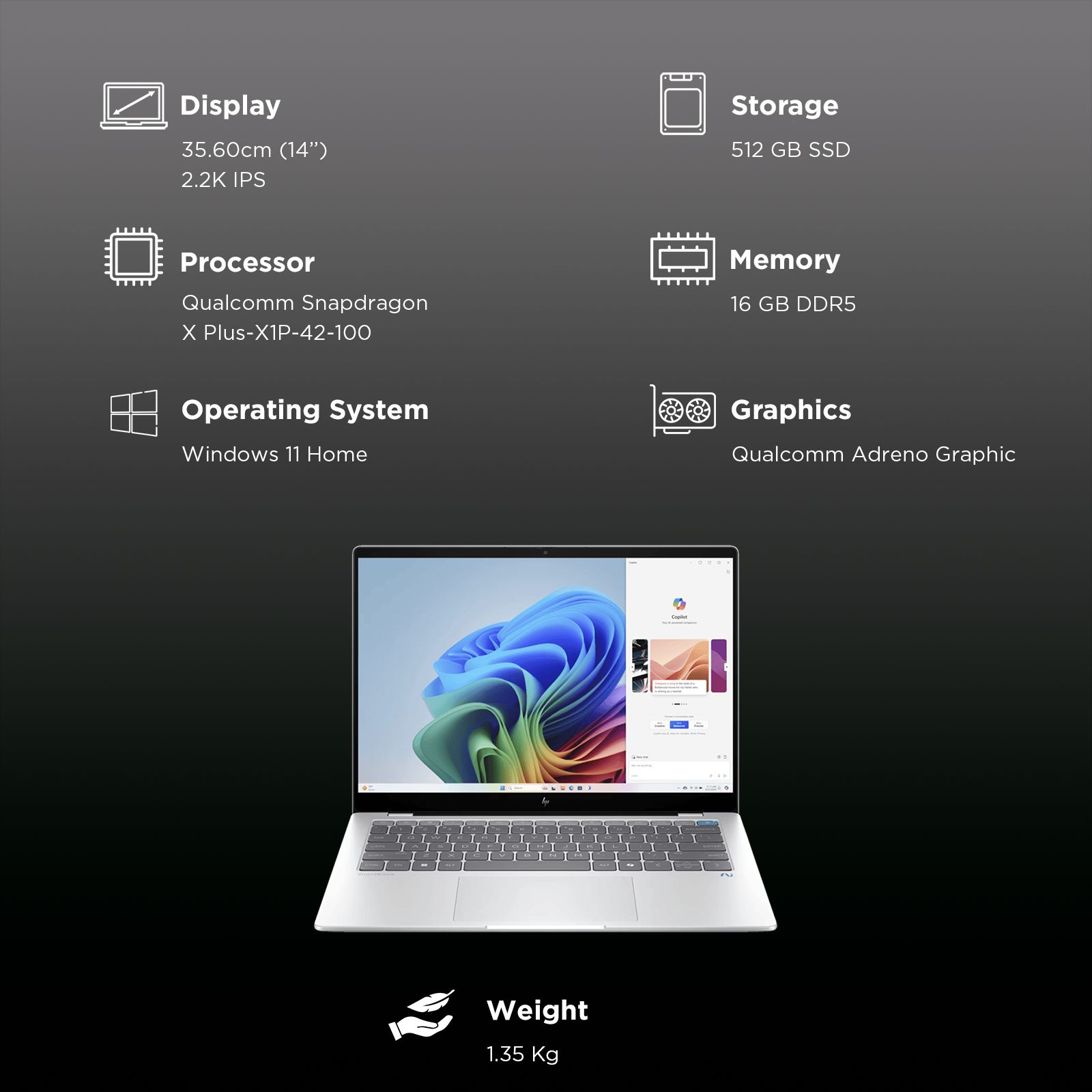 HP OmniBook X 14-fe1011QU Qualcomm Snapdragon X Plus Touchscreen Thin & Light Laptop (16GB, 512GB SSD, Windows 11 Home, 14 inch 2.2K IPS Display, MS Office 2021, Glacier Silver, 1.34 KG) HP OmniBook X 14-fe1011QU Qualcomm Snapdragon X Plus Touchscreen Thin & Light Laptop (16GB, 512GB SSD, Windows 11 Home, 14 inch 2.2K IPS Display, MS Office 2021, Glacier Silver, 1.34 KG)_3