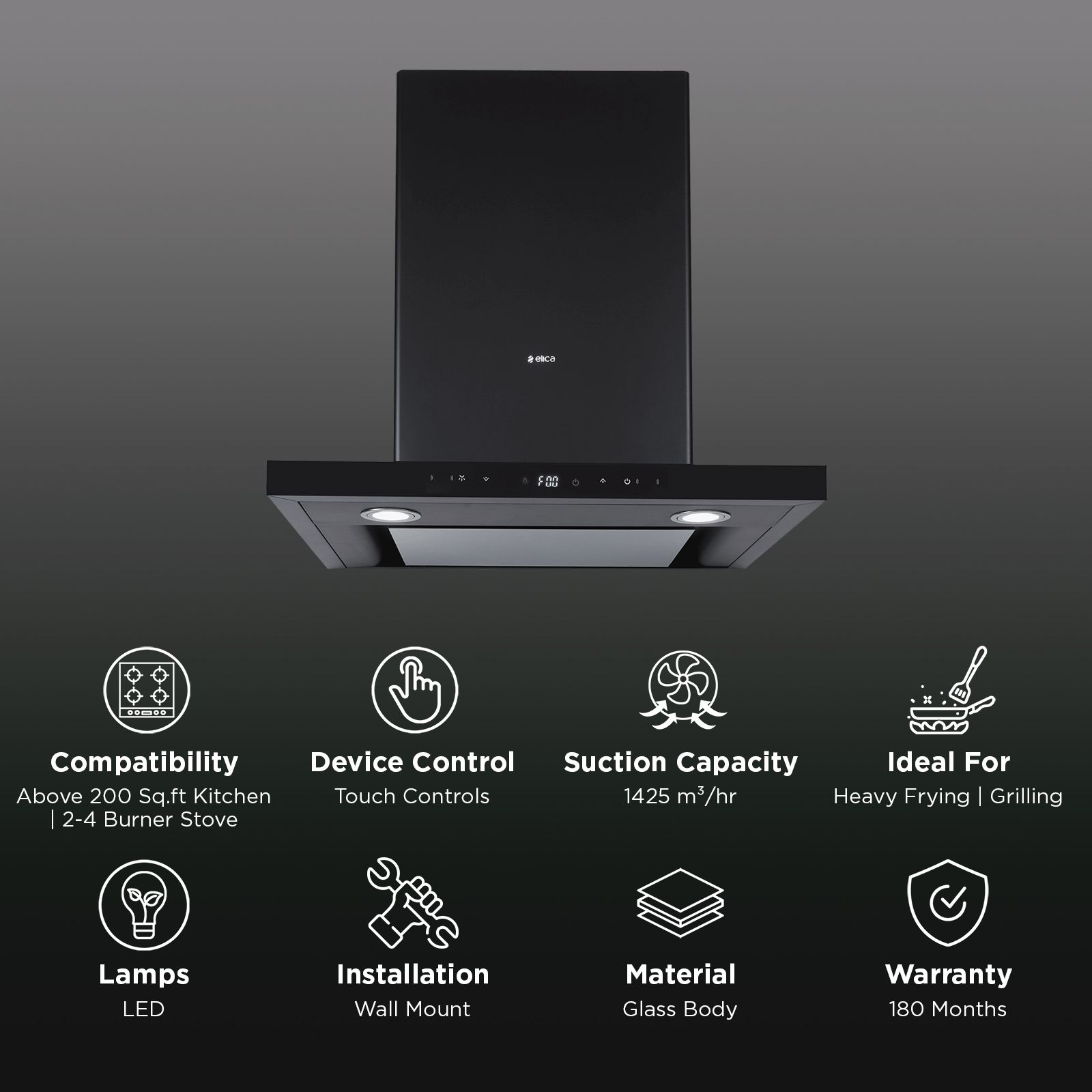 elica ISMART SPOT H4 EDS LTW 60 NERO 60cm 1425m³/hr Ducted Wall Mounted Chimney with Motion Sensor Control (Black)_3