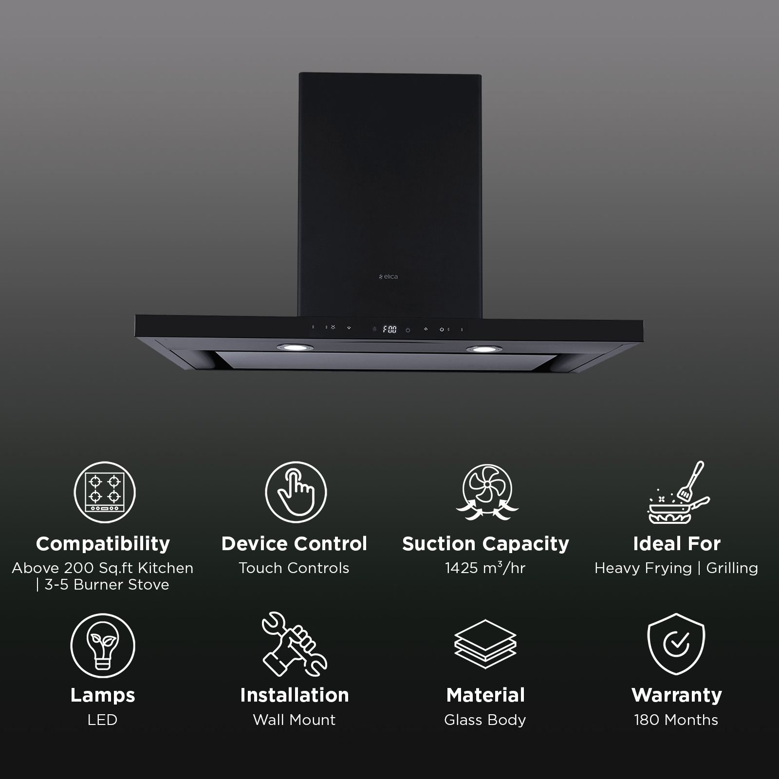 elica ISMART SPOT H4 EDS LTW 90 NERO 90cm 1425m³/hr Ducted Wall Mounted Chimney with Motion Sensor Control (Black)_3