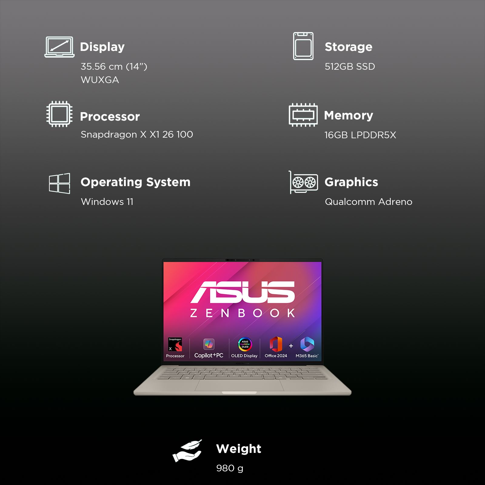 ASUS Zenbook A14 Snapdragon X X126100 Ultra Thin Laptop (16GB, 512GB SSD, Windows 11 Home, 14 inch WUXGA OLED Display, MS Office Home 2024, Zabriskie Beige, 0.98 KG) ASUS Zenbook A14 Snapdragon X X126100 Ultra Thin Laptop (16GB, 512GB SSD, Windows 11 Home, 14 inch WUXGA OLED Display, MS Office Home 2024, Zabriskie Beige, 0.98 KG)_3