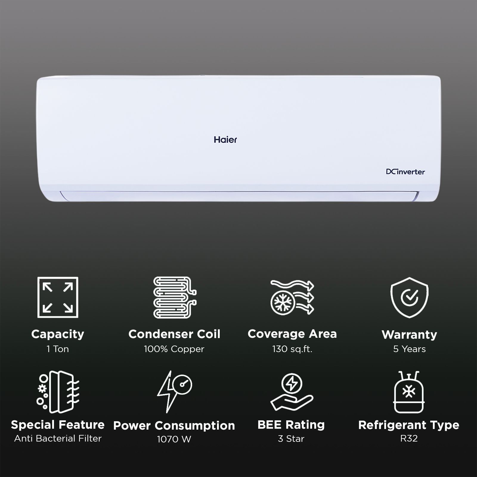 Haier Victory 7 in 1 Convertible 1 Ton 3 Star Inverter Split AC with Anti Bacterial Filter (Copper Condenser, HSU12V-PNW3BN-INV)_2