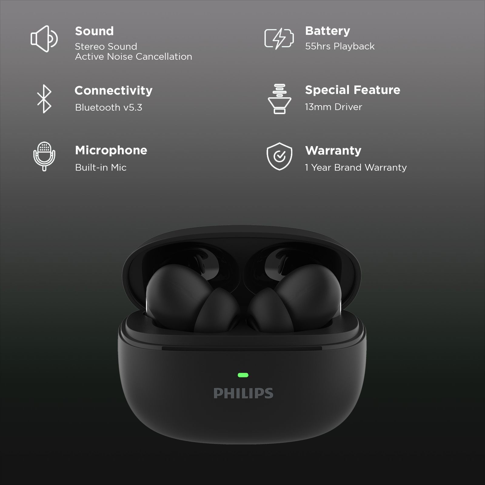 PHILIPS 1000 Series TWS Earbuds with Active Noise Cancellation (13mm Driver, Deep Black)_2