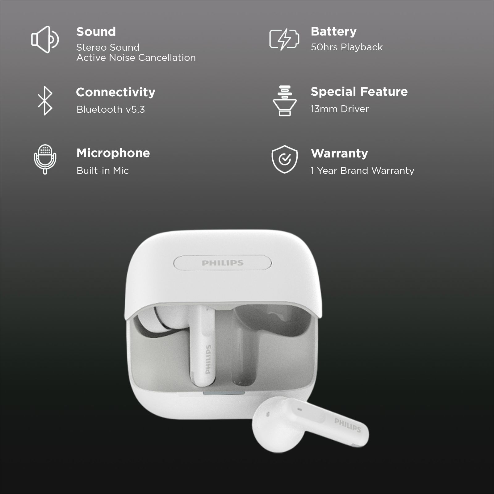 PHILIPS 1000 Series TWS Earbuds with Active Noise Cancellation (50 Hours Playtime, Bright White)_2