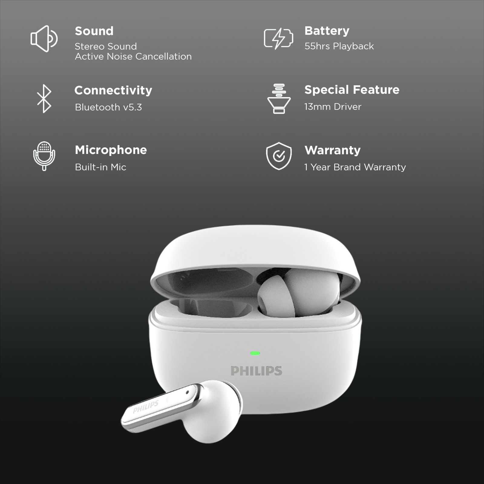 PHILIPS 1000 Series TWS Earbuds with Active Noise Cancellation (13mm Driver, Bright White)_2