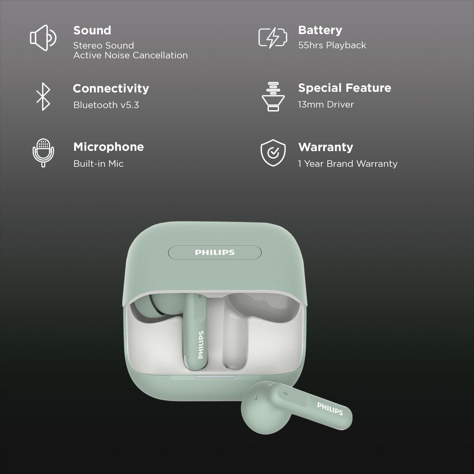 PHILIPS 1000 Series TWS Earbuds with Active Noise Cancellation (50 Hours Playtime, Frosty Green)_2