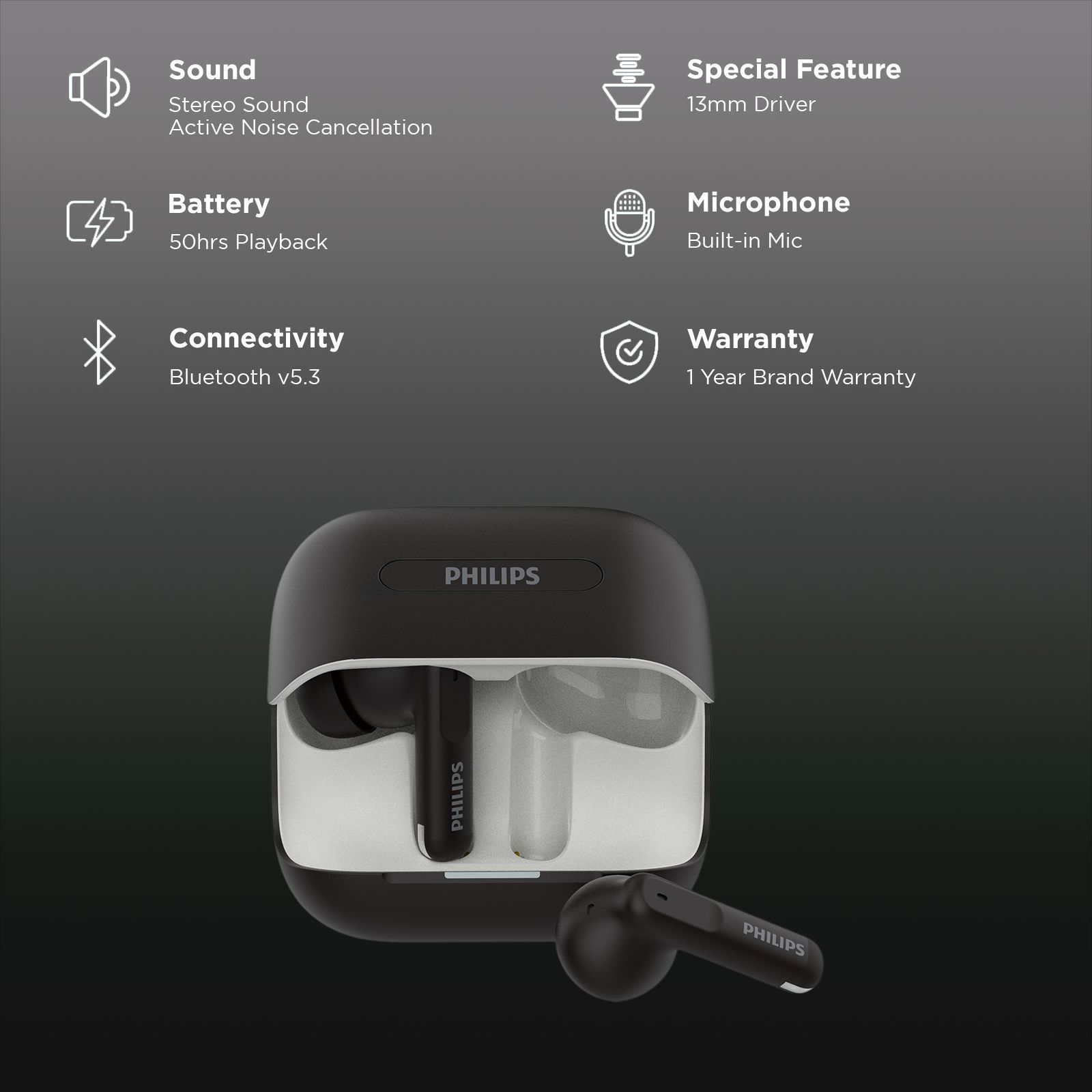 PHILIPS 1000 Series TWS Earbuds with Active Noise Cancellation (50 Hours Playtime, Deep Black)_2