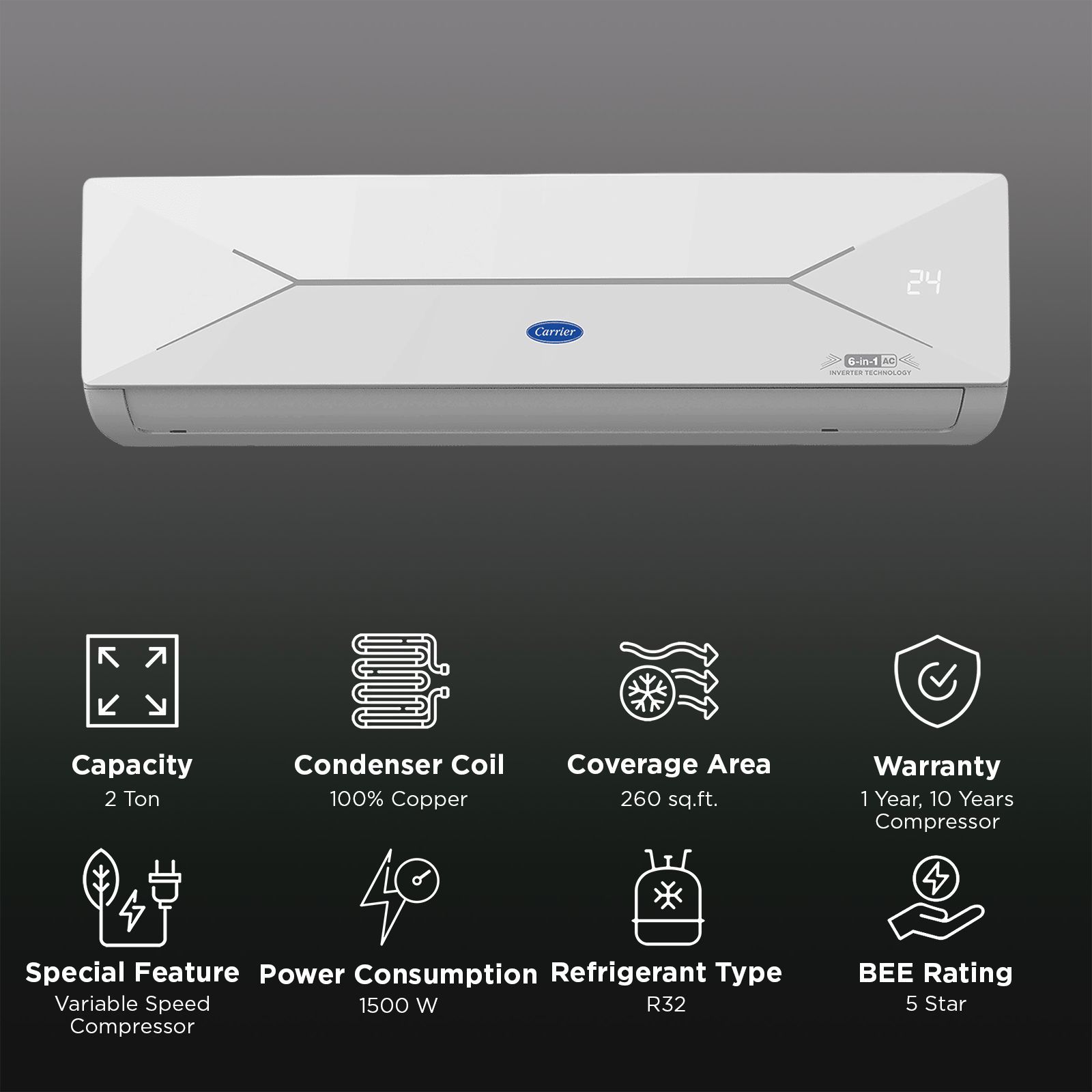 Carrier ESTER EDGE FXi 6 in 1 Convertible 2 Ton 5 Star Inverter Split Smart AC with Wi-Fi Supported (2025 Model, Copper Condenser, CAI24EE5R35W0) Carrier ESTER EDGE FXi 6 in 1 Convertible 2 Ton 5 Star Inverter Split Smart AC with Wi-Fi Supported (2025 Model, Copper Condenser, CAI24EE5R35W0)_2