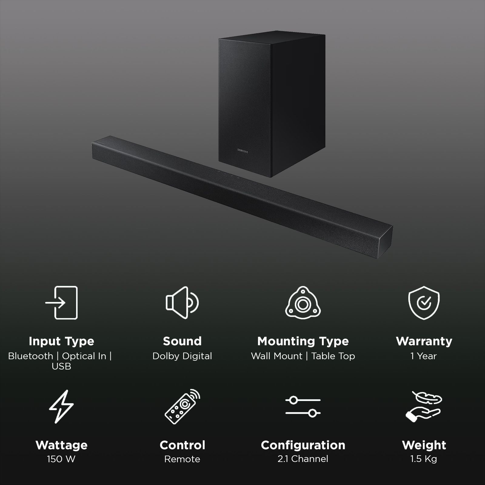 SAMSUNG T42E 150W Bluetooth Soundbar with Remote (2.1 Channel, Black)_3