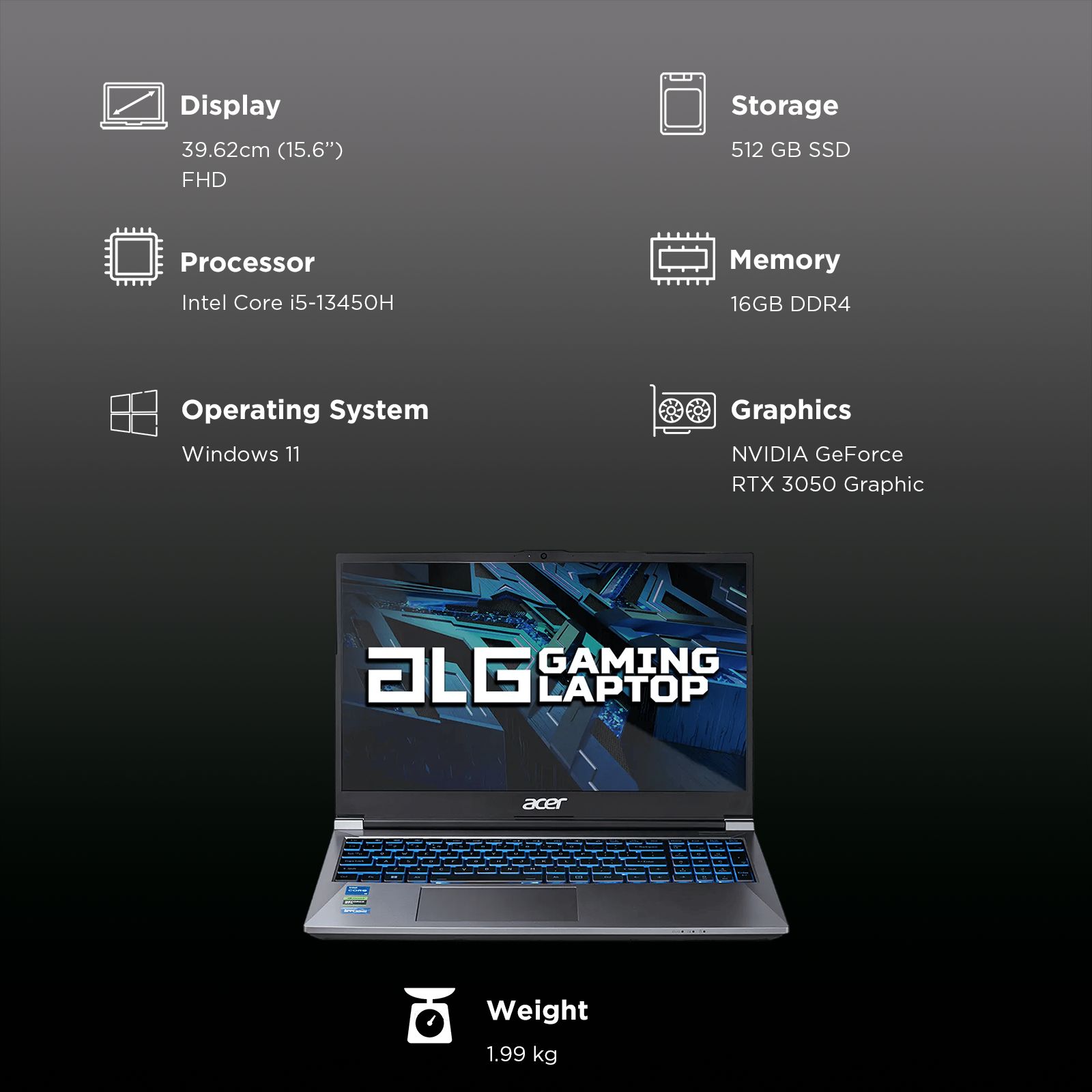 acer Aspire ALG AL15G-52 Intel Core i5 13th Gen Gaming Laptop (16GB, 512GB SSD, Windows 11, 6GB Graphics, 15.6 inch 144 Hz Full HD Display, NVIDIA GeForce RTX TM 3050, MS Office Home & Student 2021, Steel Grey, 1.99 KG)_3