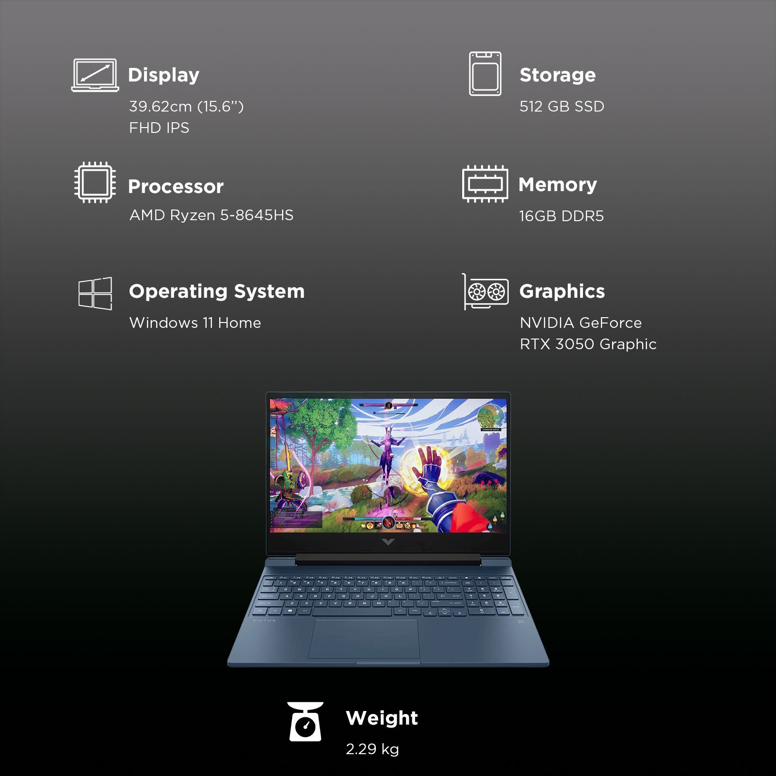 HP Victus 15-fb3011AX AMD Ryzen 5 Gaming Laptop (16GB, 512GB SSD, Windows 11 Home, 6GB Graphics, 15.6 inch 144Hz Full HD IPS Display, NVIDIA GeForce RTX 3050, Performance Blue, 2.29 KG)_3