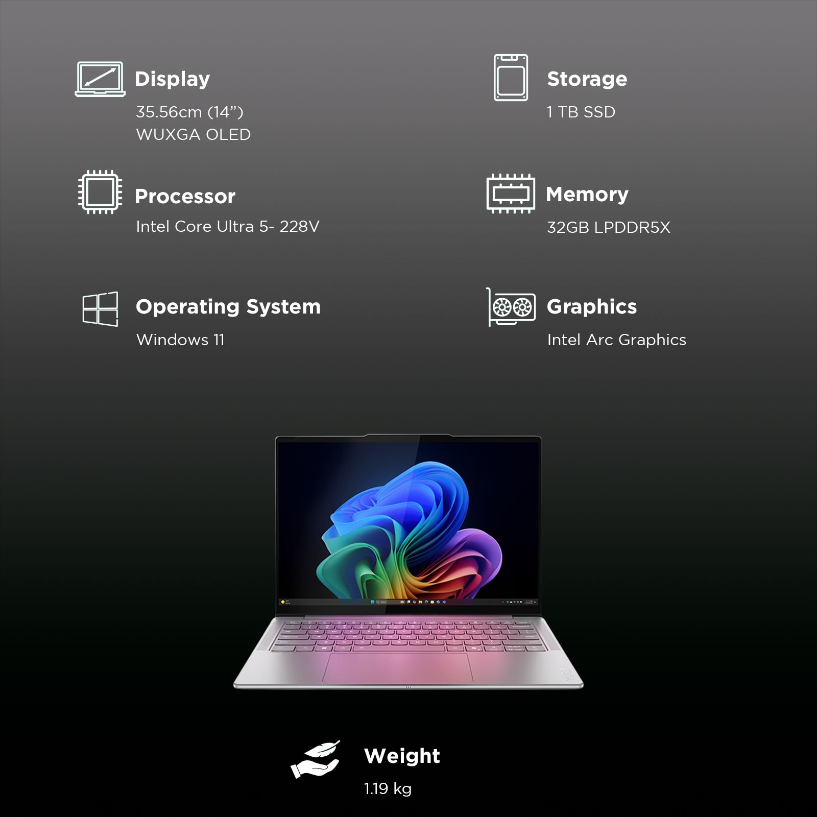 Lenovo Yoga Slim 7 14ILL10 Intel Core Ultra 5 228V Thin & Light Laptop (32GB, 1TB SSD, Windows 11 Home, 14 inch WUXGA OLED Display, MS Office Home 2024, Luna Grey, 1.19 KG)_3