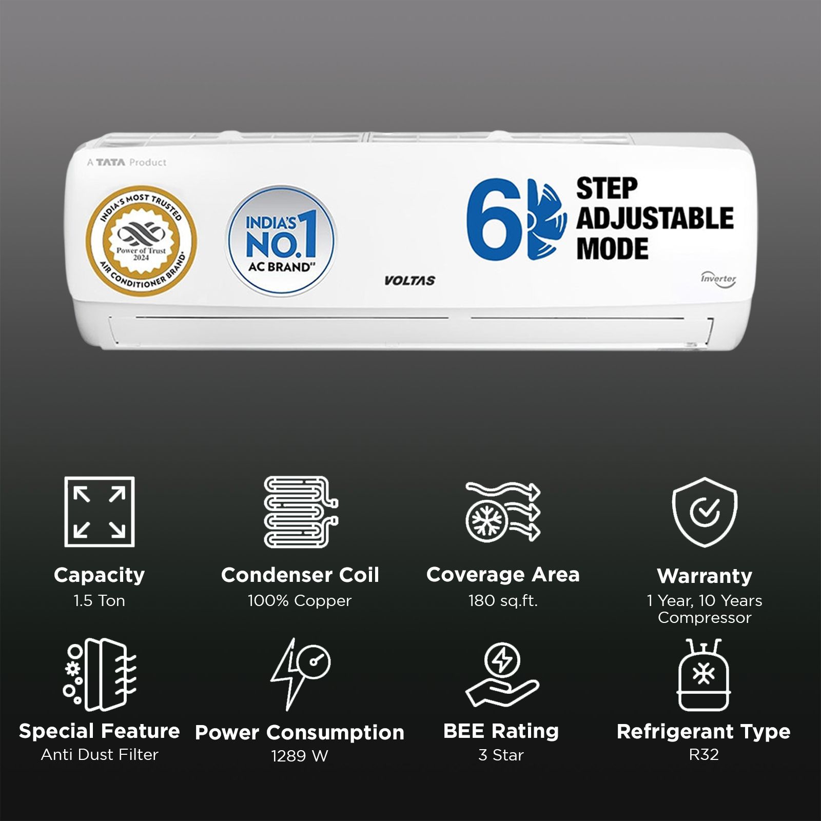 VOLTAS 183 Vectra Elegant 1.5 Ton 3 Star Inverter Split AC (Copper Condenser, Anti-Dust Filter, 4503470)_2