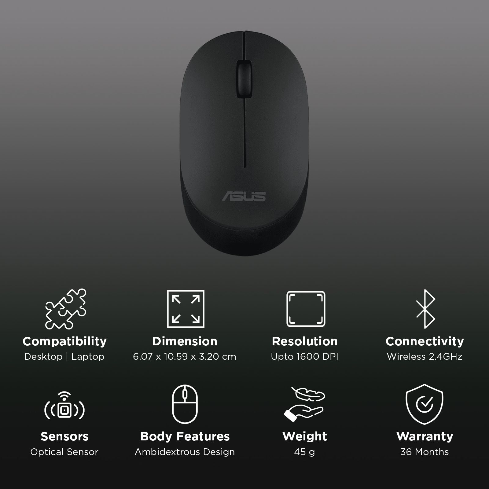 ASUS MW103-BLK Wireless Optical Mouse with Silent Click Buttons (1600 DPI, Ambidextrous Design, Black)_3