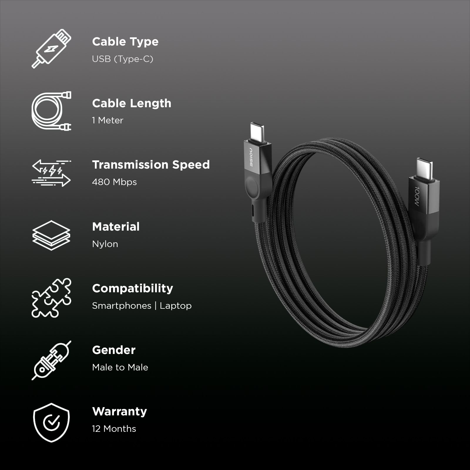 noise Power Type C to Type C 3.2 Feet (1M) Cable (Nylon Braided, Black)_2