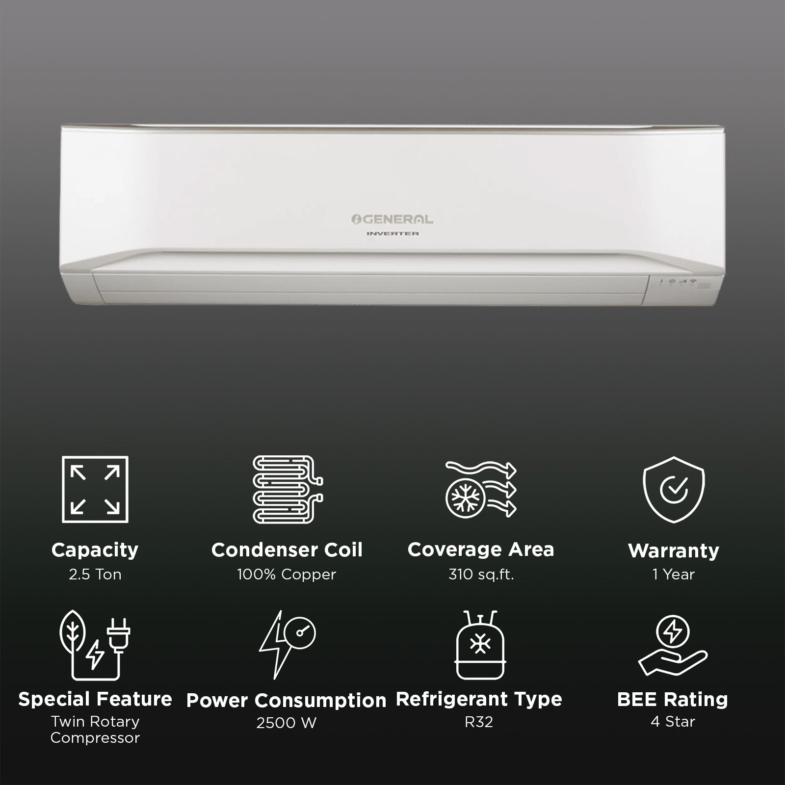 O GENERAL Advanced Hyper Tropical 2.5 Ton 4 Star Inverter Split AC (Copper Condenser, PM 2.5 Filter, ASGG30CETB-B)_2