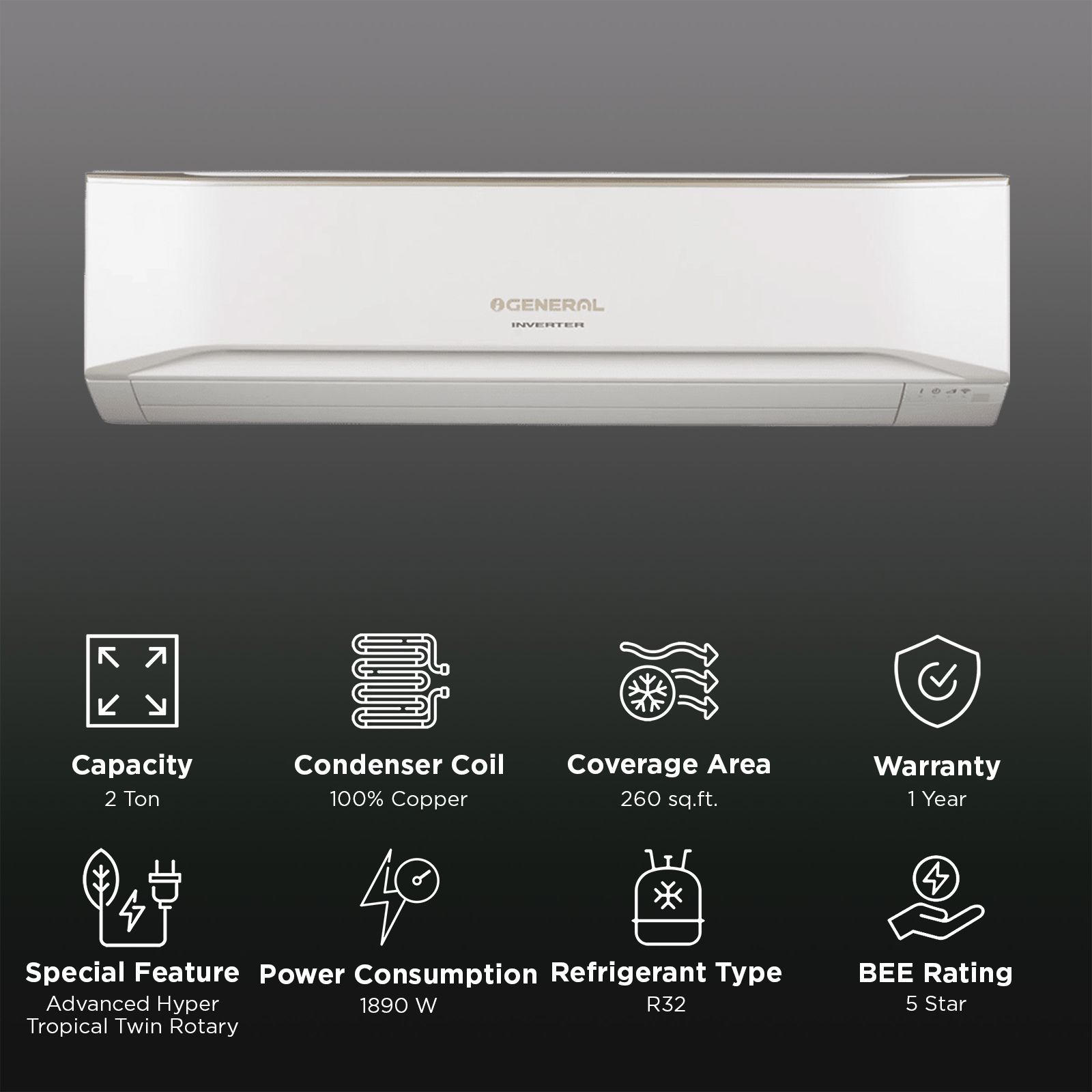 O GENERAL Advanced Hyper Tropical 2 Ton 5 Star Inverter Split AC (Copper Condenser, PM 2.5 Filter, ASGG24CETB-B)_2