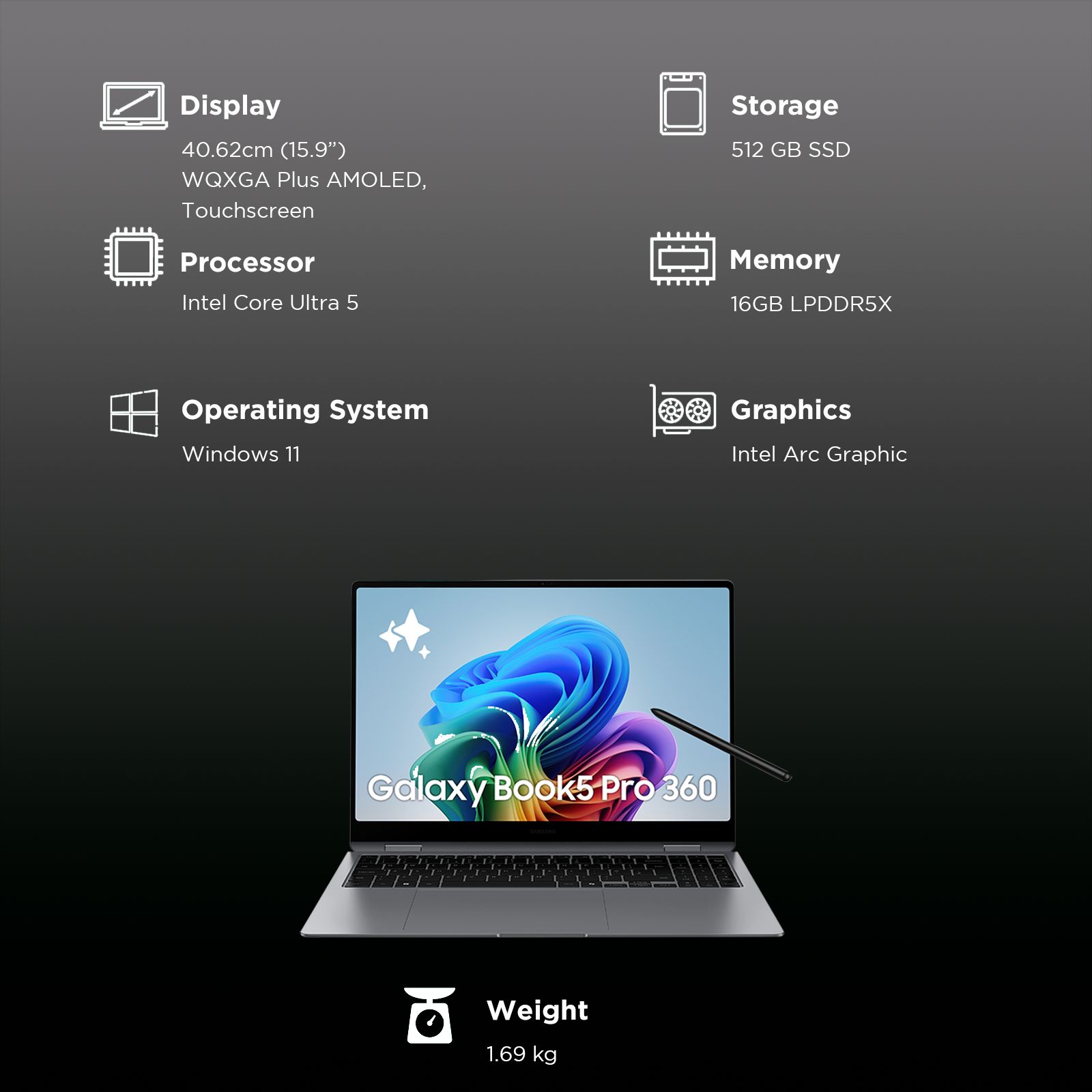 SAMSUNG Galaxy Book5 Pro 360 Intel Core Ultra 5 Touchscreen 2-in-1 Laptop (16GB, 512GB SSD, Windows 11 Home, 8GB Graphics, 15.9 inch WQXGA Plus AMOLED Display, MS Office 2021, Gray, 1.69 KG)_3
