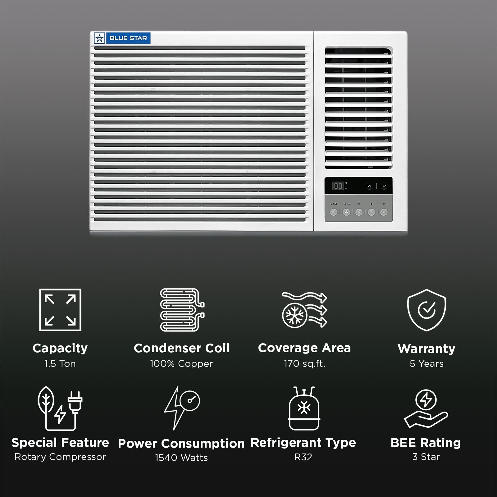  Blue Star P SERIES 1.5 Ton 3 Star Fixed Speed Window AC (2025 Model, Copper Condenser, WFE318P)_2