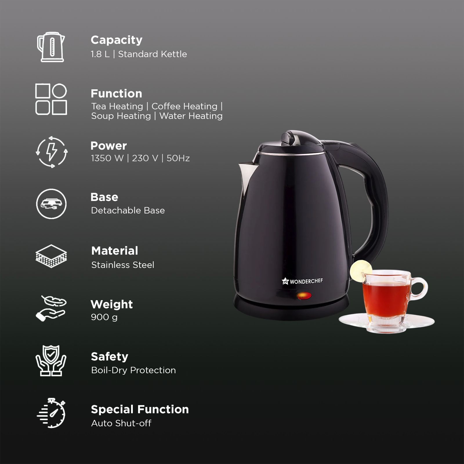 WONDERCHEF Essenza 1350 Watt 1.8 Litre Electric Kettle with Cool Touch Outer Body (Black)_2