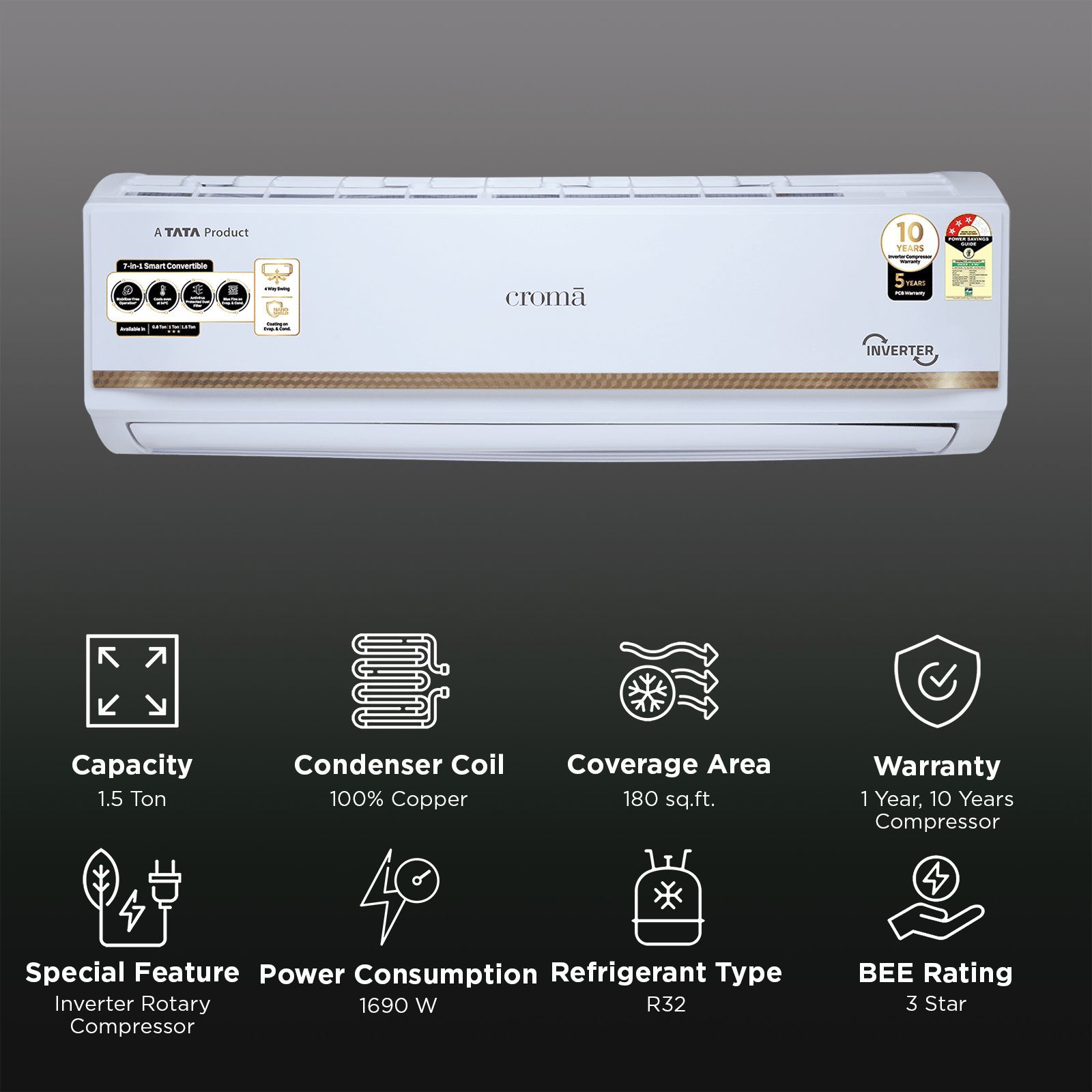 Croma 7 in 1 Convertible 1.5 Ton 3 Star Inverter Split AC with Temperature Sensor (2025 Model, Copper Condenser, CRLA018IND170286) Croma 7 in 1 Convertible 1.5 Ton 3 Star Inverter Split AC with Temperature Sensor (2025 Model, Copper Condenser, CRLA018IND170286)_2