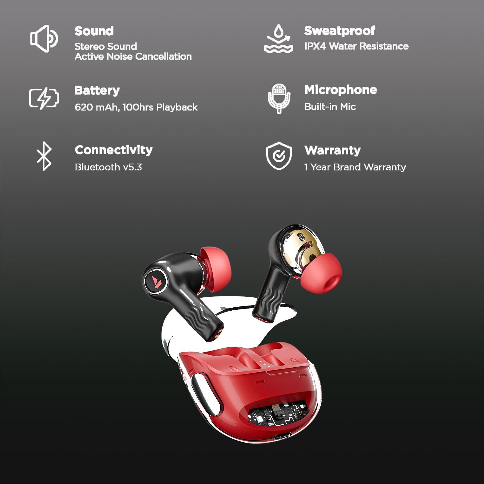 boAt Nirvana Crystl TWS Earbuds with Active Noise Cancellation (IPX4 Water Resistant, 60ms Low Latency, Blazing Red)_2