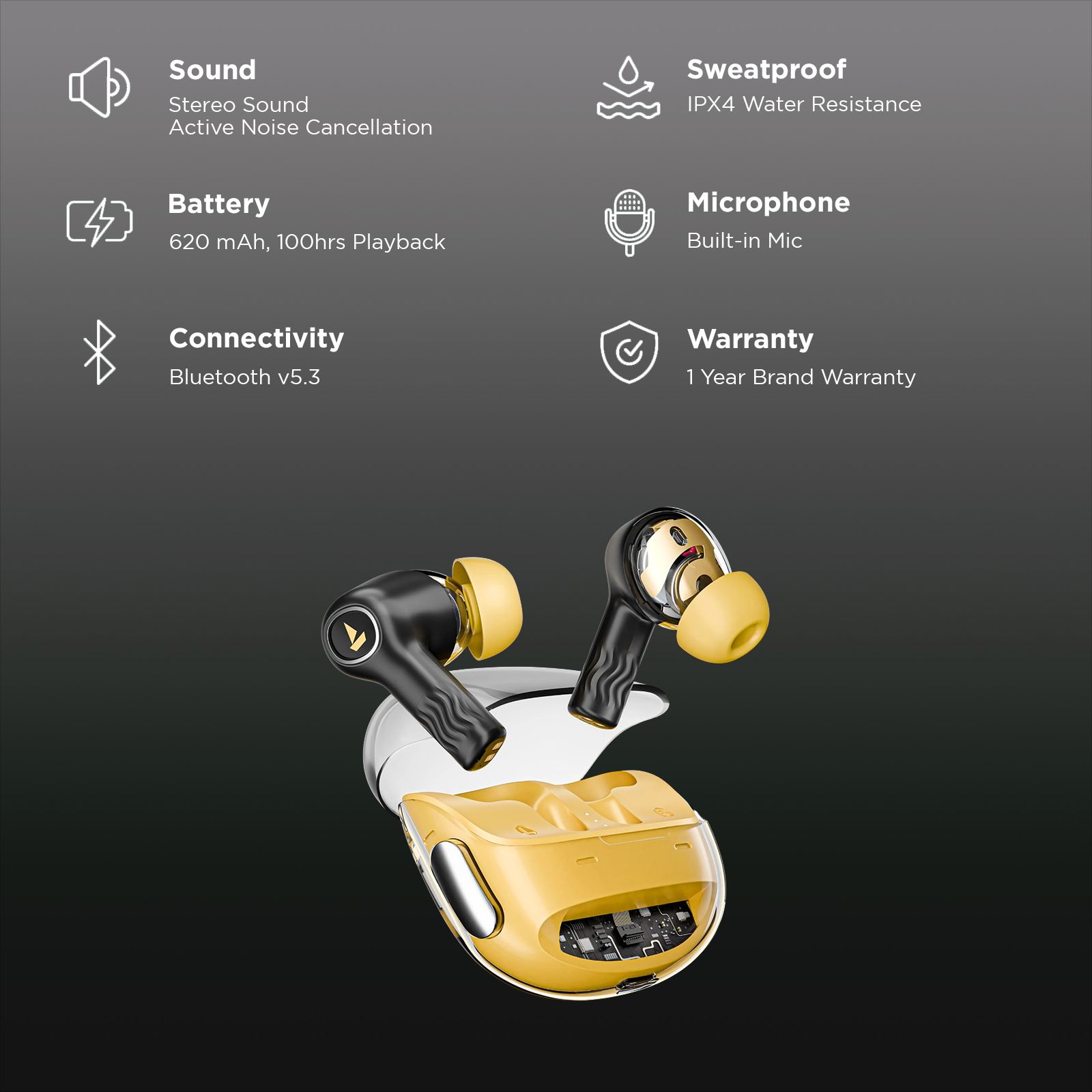 boAt Nirvana Crystl TWS Earbuds with Active Noise Cancellation (IPX4 Water Resistant, 60ms Low Latency, Yellow Pop)_2
