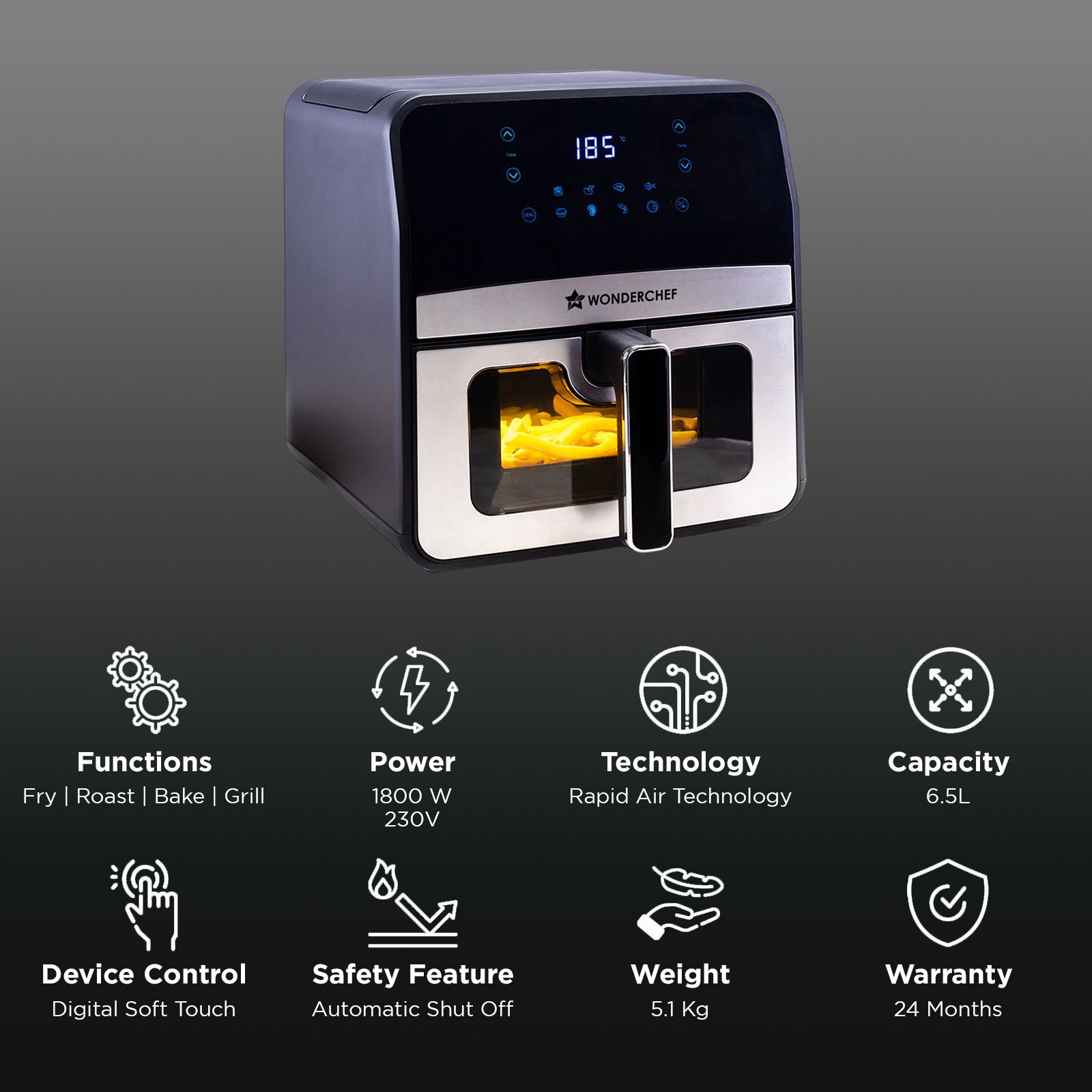 WONDERCHEF Regenta 6.5L 1800 Watt Digital Air Fryer with 8 Preset Menus (Grey)_3