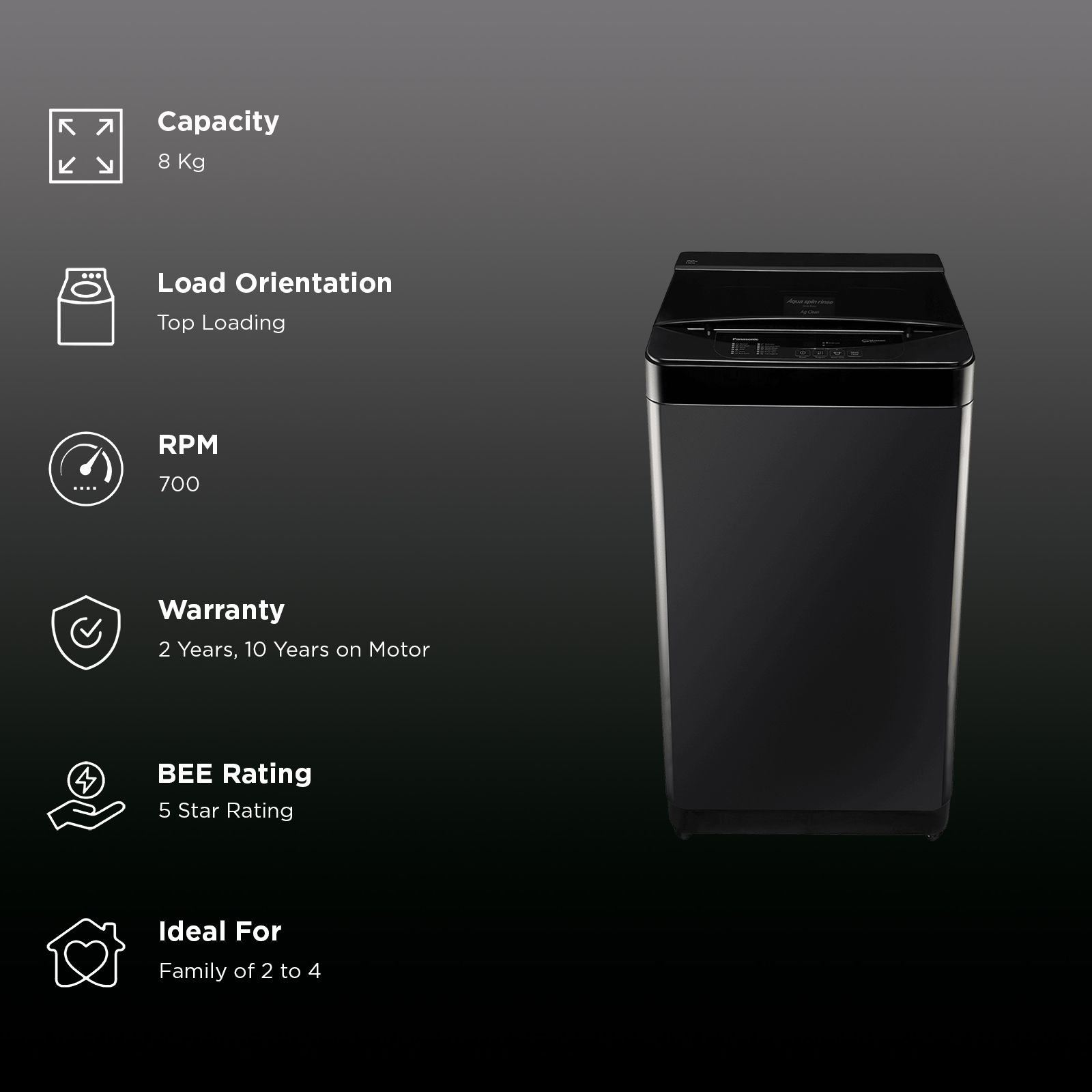 Panasonic 8 kg 5 Star Fully Automatic Top Load Washing Machine (C3 Series, NA-F80C3PRB, Active Foam System, Pure Black) Panasonic 8 kg 5 Star Fully Automatic Top Load Washing Machine (C3 Series, NA-F80C3PRB, Active Foam System, Pure Black)_3