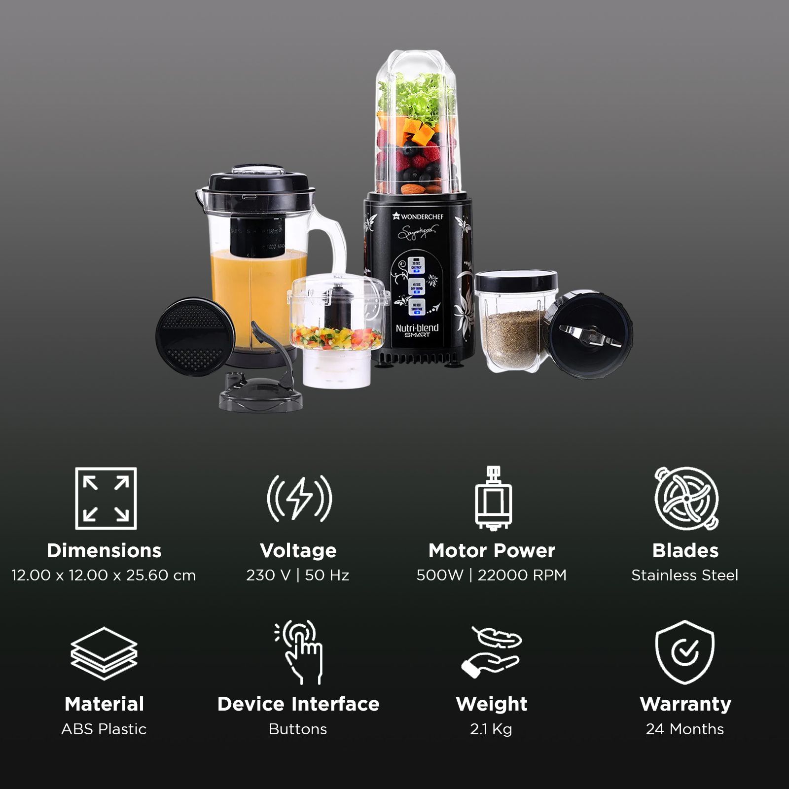WONDERCHEF Nutri Blend Smart 500 Watt 2 Jars Mixer Grinder Blender (22000 RPM, Dual Pulse Function, Black)_3