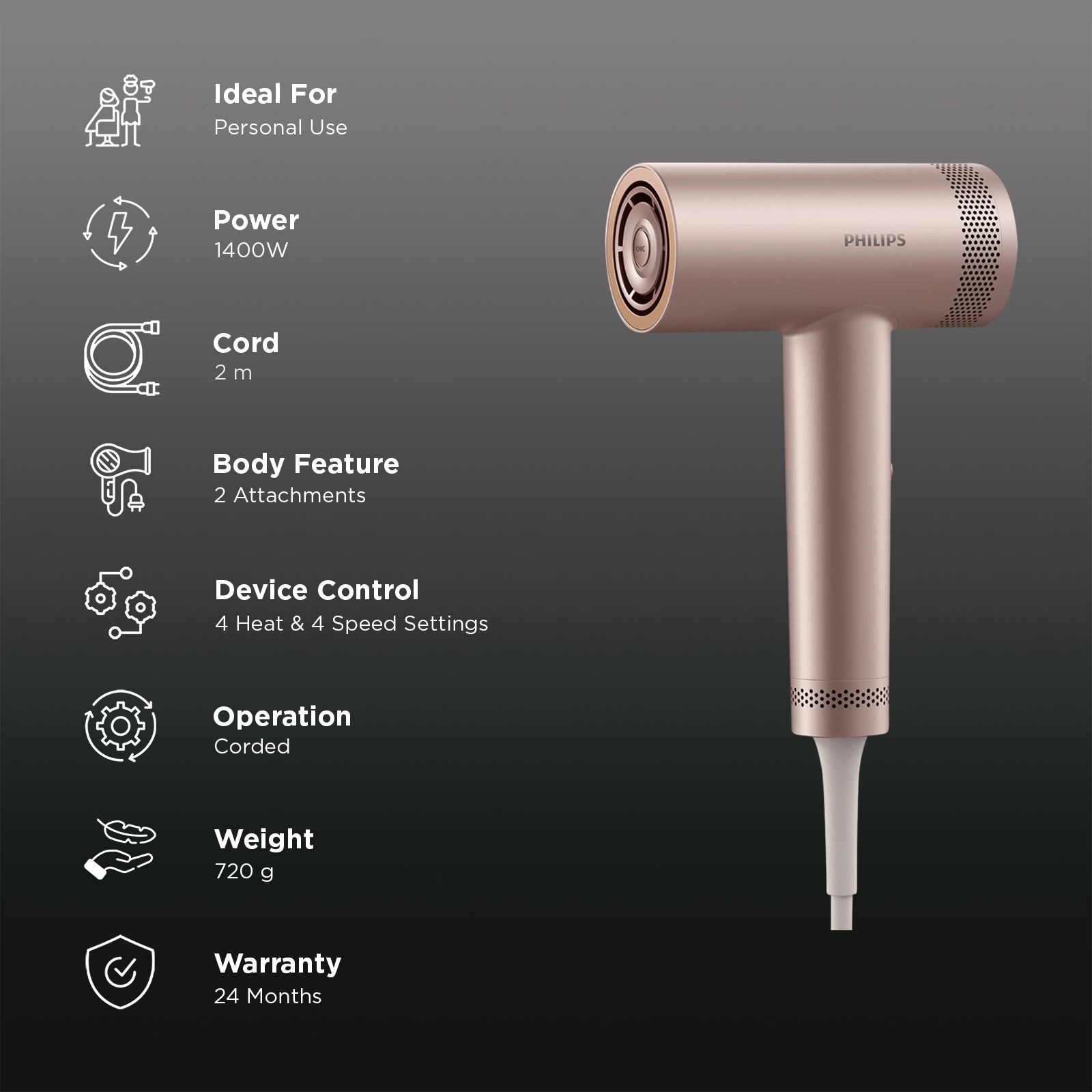 PHILIPS 8000 Series Hair Dryer with 2 Heat Settings & Cool Air Throw (ThermoShield Advanced Technology, Rose Champagne)_3