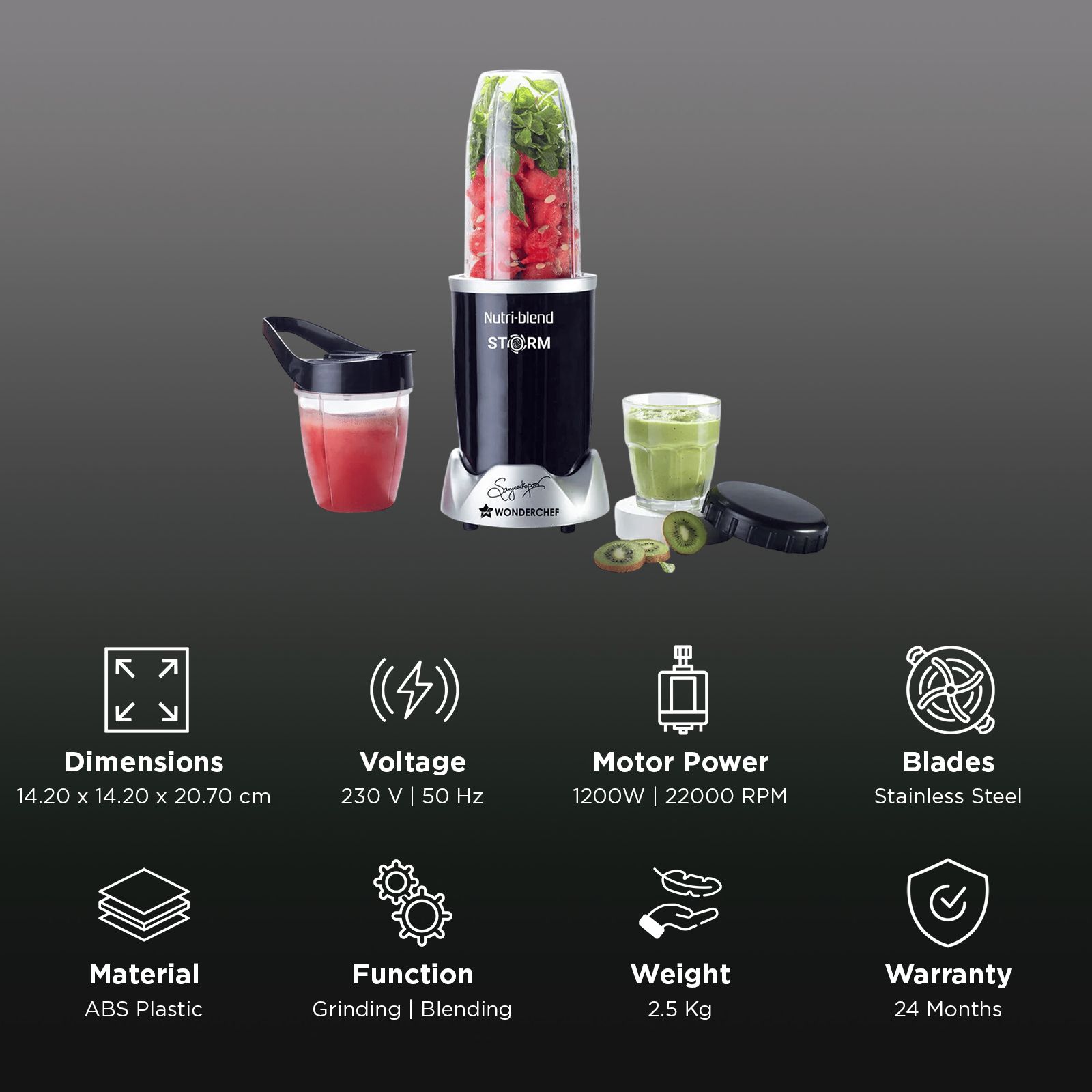 WONDERCHEF Nutri-blend Storm 1200 Watt 2 Jars Mixer Grinder Blender (22000 RPM, Sipper Attachment, Black)_3