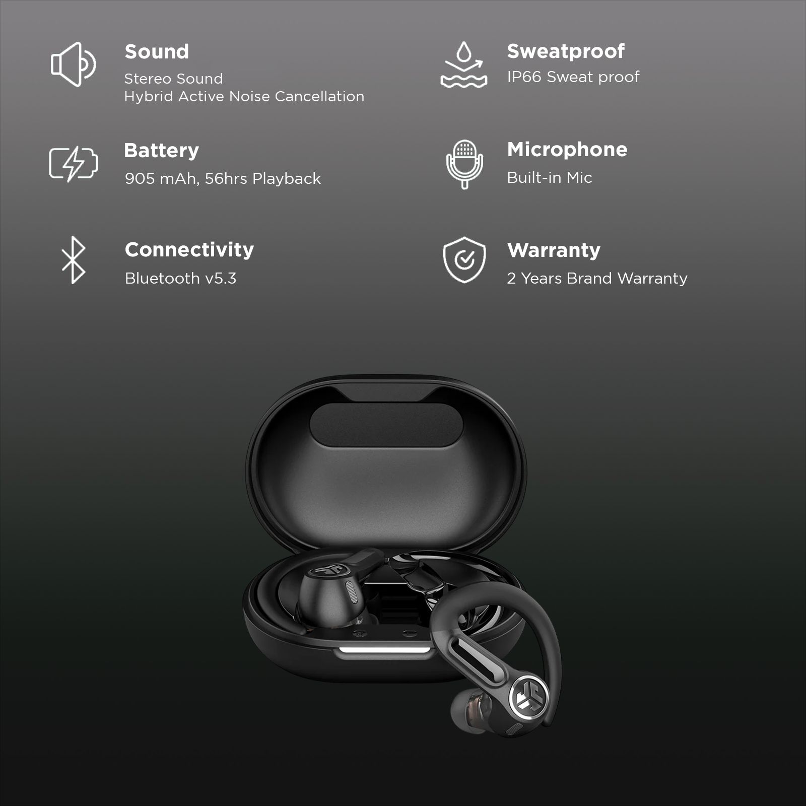 JLAB Epic Sport ANC 3 TWS Earbuds with Hybrid Active Noise Cancellation (IP66 Sweatproof, LDAC Audio, Black)_2