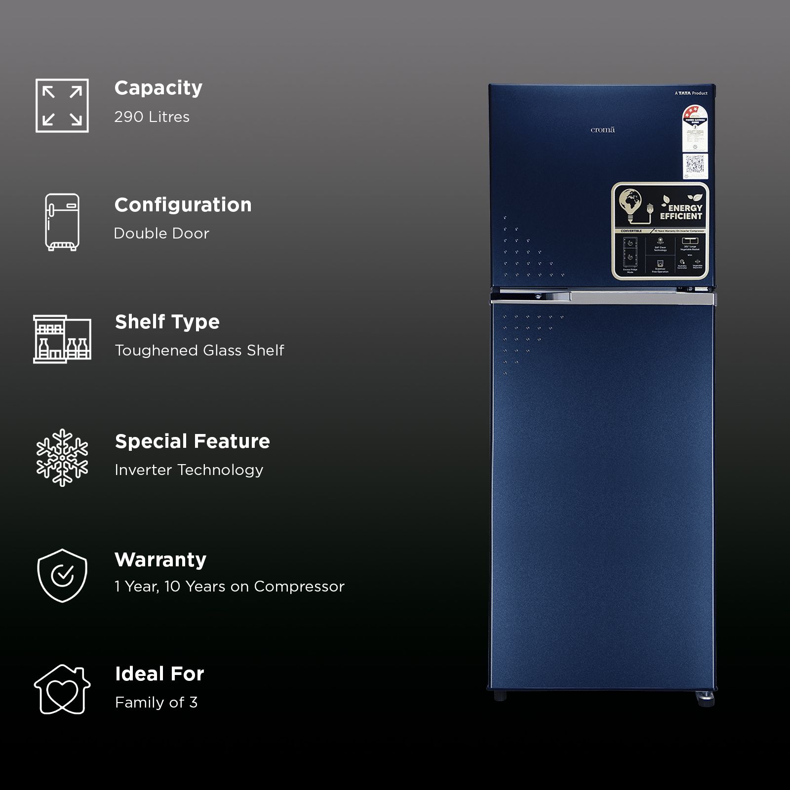 Croma 290 Litres 3 Star Frost Free Double Door Refrigerator with Inverter Technology (CRLR290FID276256, Ocean Blue) Croma 290 Litres 3 Star Frost Free Double Door Refrigerator with Inverter Technology (CRLR290FID276256, Ocean Blue)_2