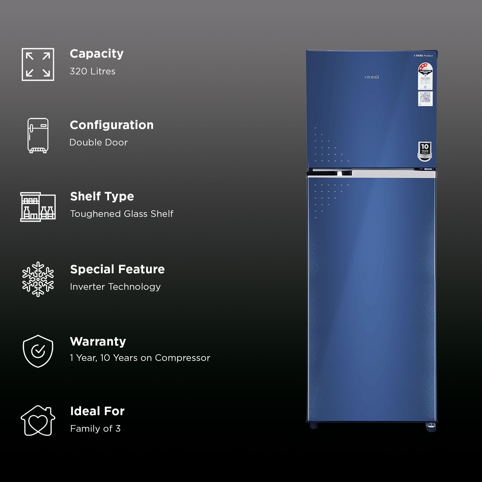 Croma 320 Litres 3 Star Frost Free Double Door Refrigerator with Inverter Technology (CRLR303FID276257, Ocean Blue)_2