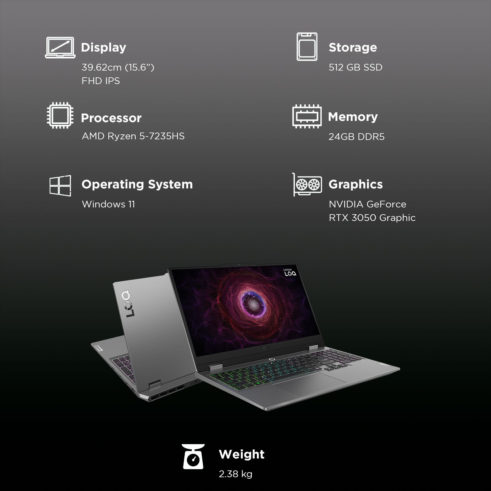 Lenovo LOQ 15ARP9 AMD Ryzen 5 Gaming Laptop (24GB, 512GB SSD, Windows 11 Home, 6GB Graphics, 15.6 inch 144 Hz Full HD IPS Display, NVIDIA GeForce RTX 3050, MS Office Home 2024, Luna Grey, 2.38 KG)_3