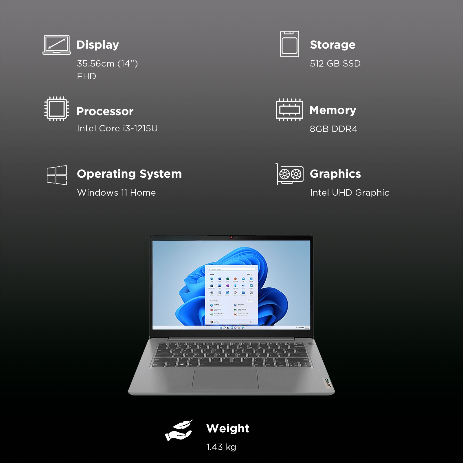 Lenovo IdeaPad 3 14IAU7 Intel Core i3 12th Gen Thin & Light Laptop (8GB, 512GB SSD, Windows 11 Home, 14 inch Full HD Display, MS Office Home 2021, Arctic Grey, 1.43 KG)_3