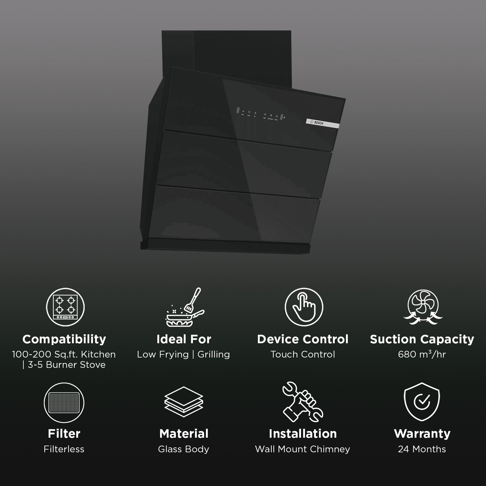 BOSCH Series 4 60cm 680m3/hr Ducted Auto Clean Wall Mounted Chimney with Gesture Control (Black)_3