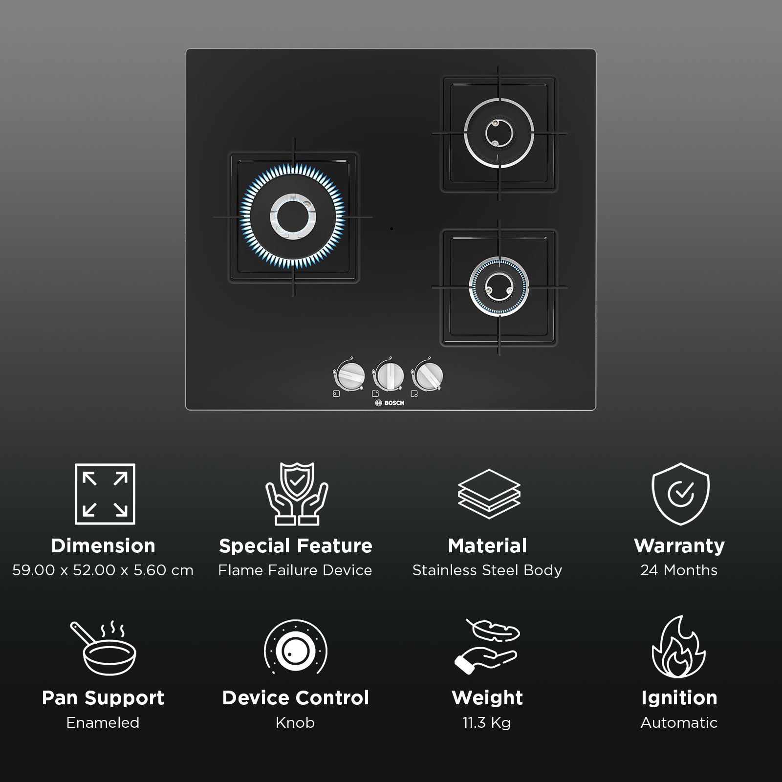BOSCH Series 4 Tempered Glass Top 3 Burner Automatic Hob (Flame Failure Safety Device, Black) BOSCH Series 4 Tempered Glass Top 3 Burner Automatic Hob (Flame Failure Safety Device, Black)_3