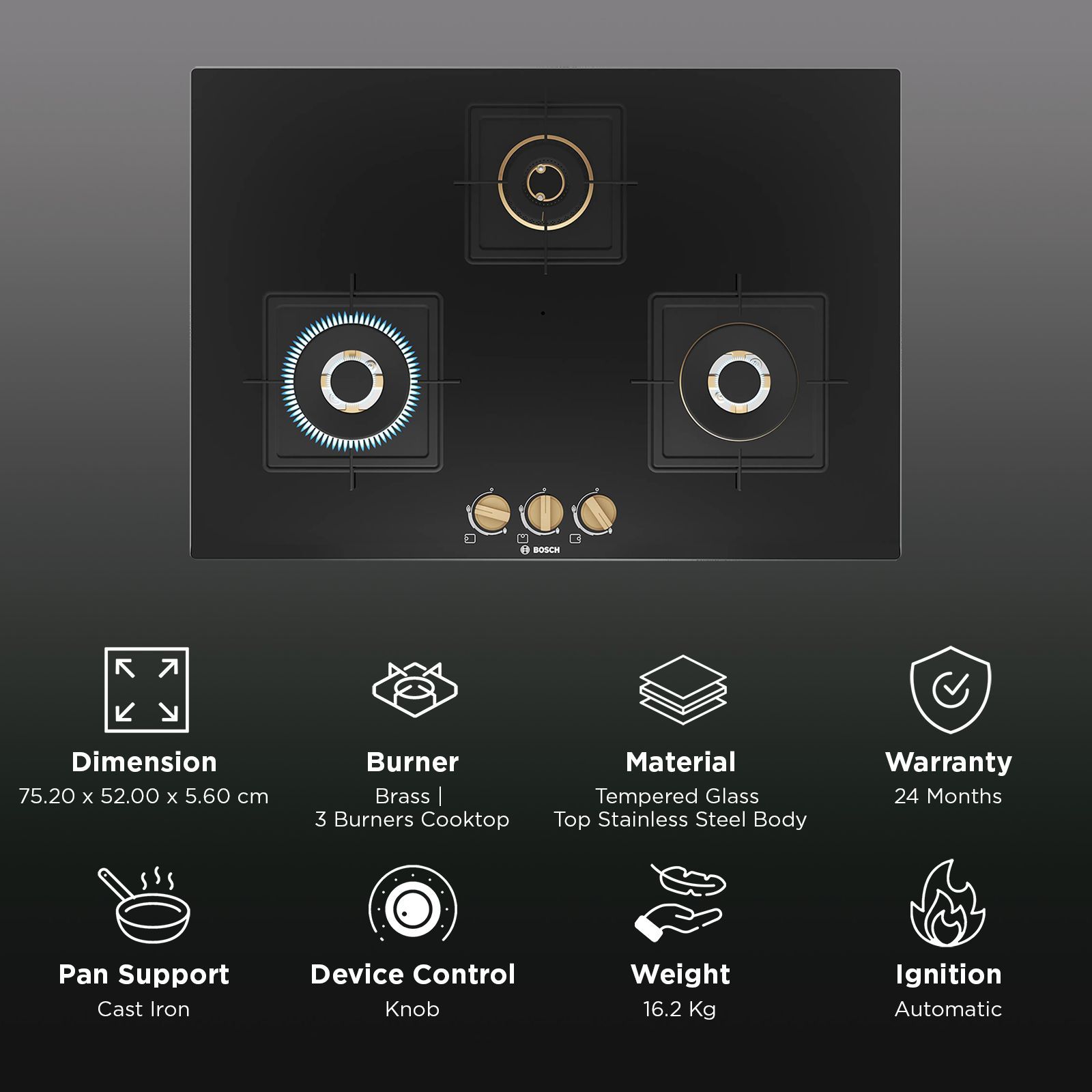 BOSCH Series 6 Tempered Glass Top 3 Burner Automatic Hob (Flame Failure Safety Device, Black)_3