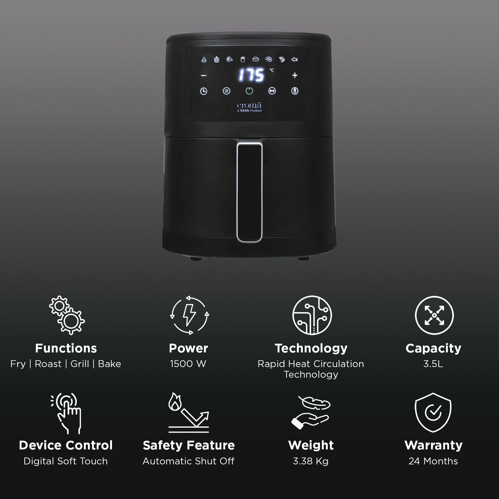 Croma 3.5L 1500 Watt Digital Air Fryer with Rapid Heat Circulation Technology (Black)_3
