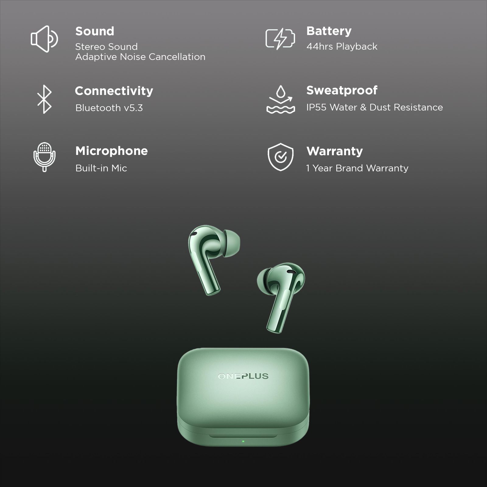 OnePlus Buds 3 TWS Earbuds with Adaptive Noise Cancellation (IP55 Water & Dust Resistant, Fast Charging, Minty Green)_2