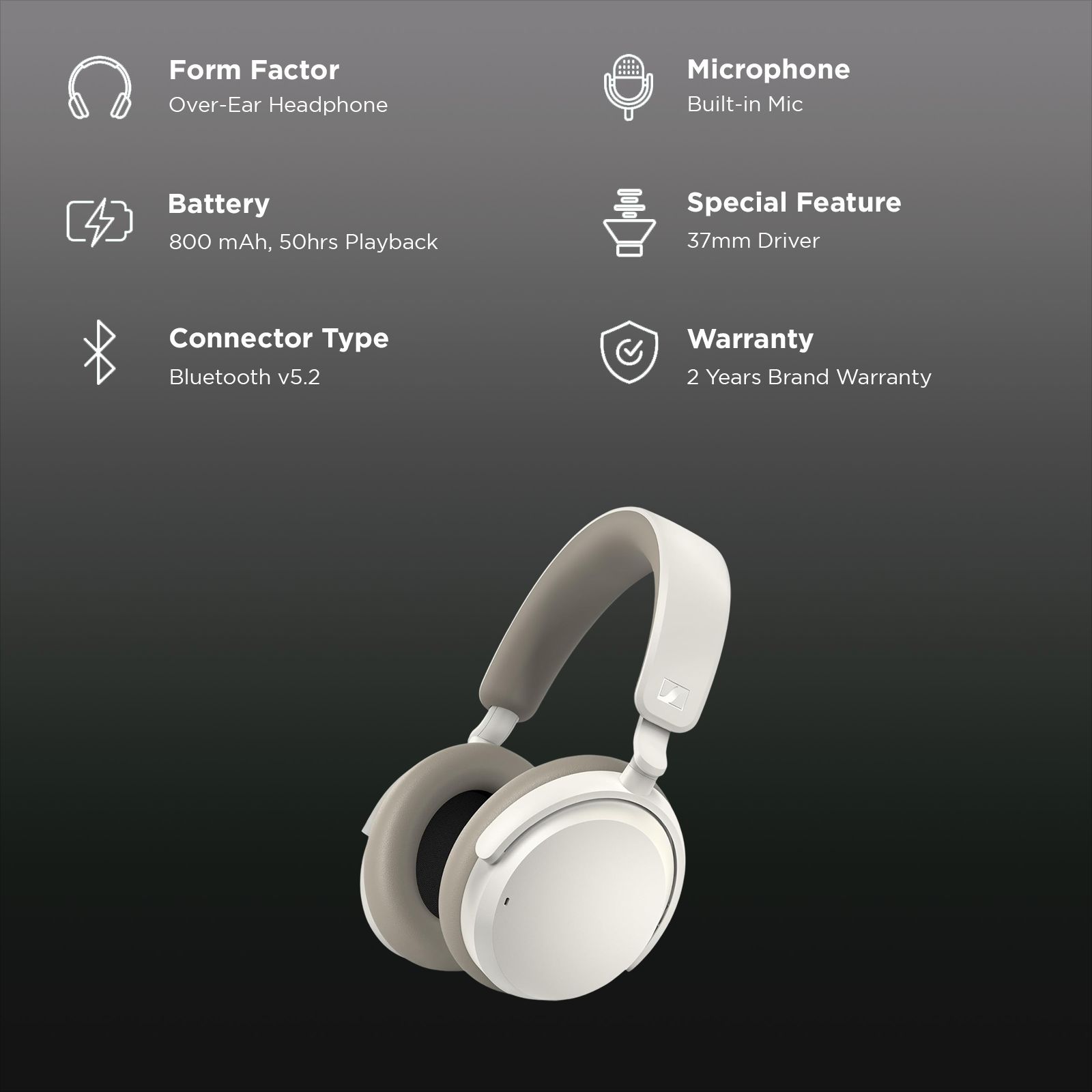 SENNHEISER ACCENTUM 700175 Bluetooth Headphone with Mic (50 Hour Battery Playtime, Over Ear, White)_2