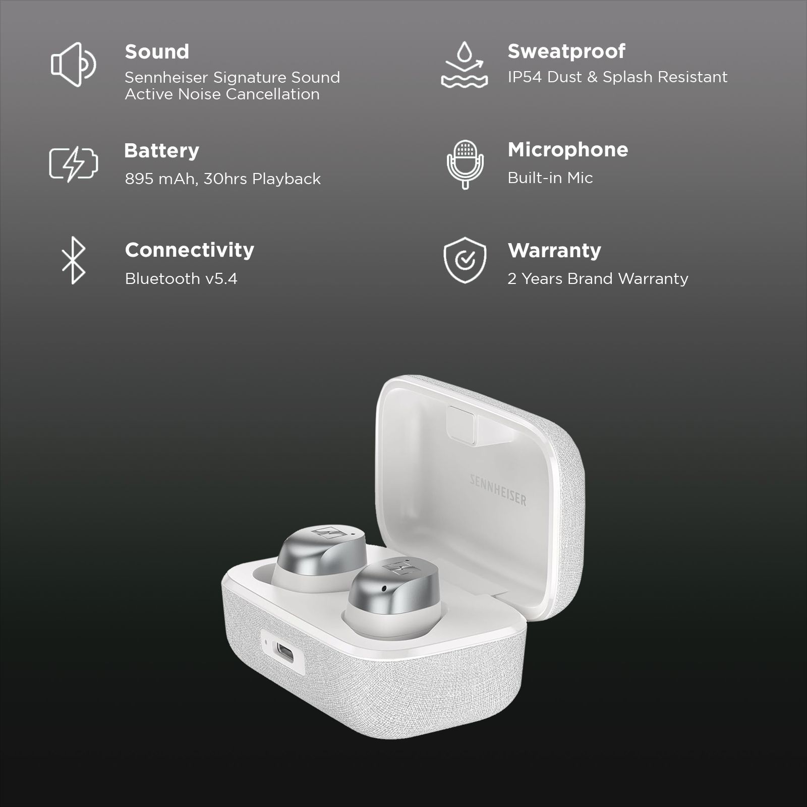 SENNHEISER MOMENTUM True Wireless 4 700366 TWS Earbuds with Adaptive Noise Cancellation (IP54 Dust & Splash Resistant, Auracast Support, White Silver)_2