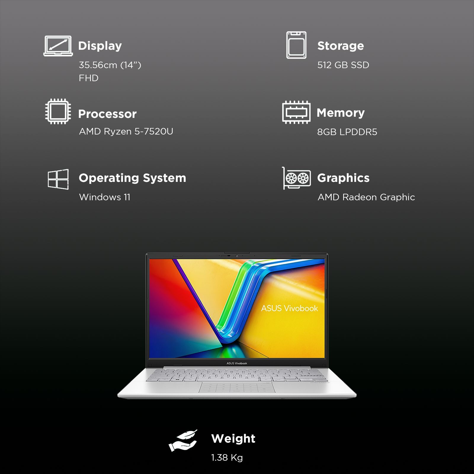 ASUS Vivobook Go 14 AMD Ryzen 5 7520U Thin & Light Laptop (8GB, 512GB SSD, Windows 11 Home, 14 inch Full HD Display, MS Office 2024, Cool Silver, 1.38 KG)_3