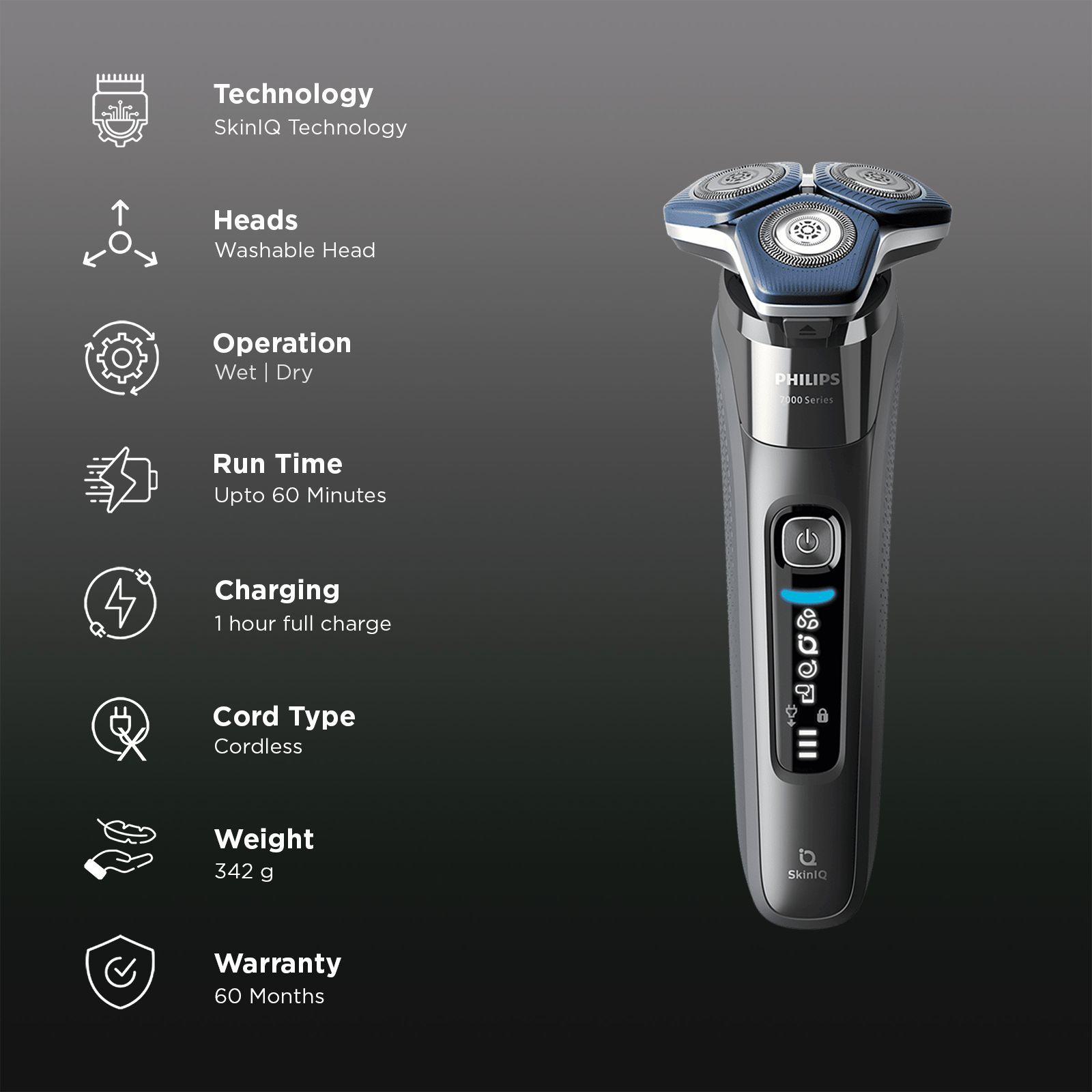 PHILIPS 7000 Series Rechargeable Cordless Shaver for Face for Men (60mins Runtime, SkinIQ Technology, Dark Chrome)_3