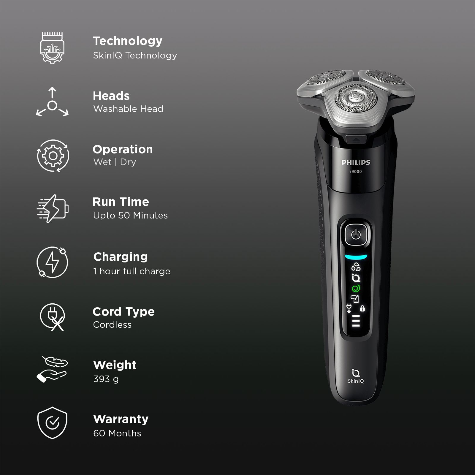 PHILIPS i9000 Rechargeable Cordless Shaver for Face for Men (50mins Runtime, SkinIQ Technology, Ink Black) PHILIPS i9000 Rechargeable Cordless Shaver for Face for Men (50mins Runtime, SkinIQ Technology, Ink Black)_3