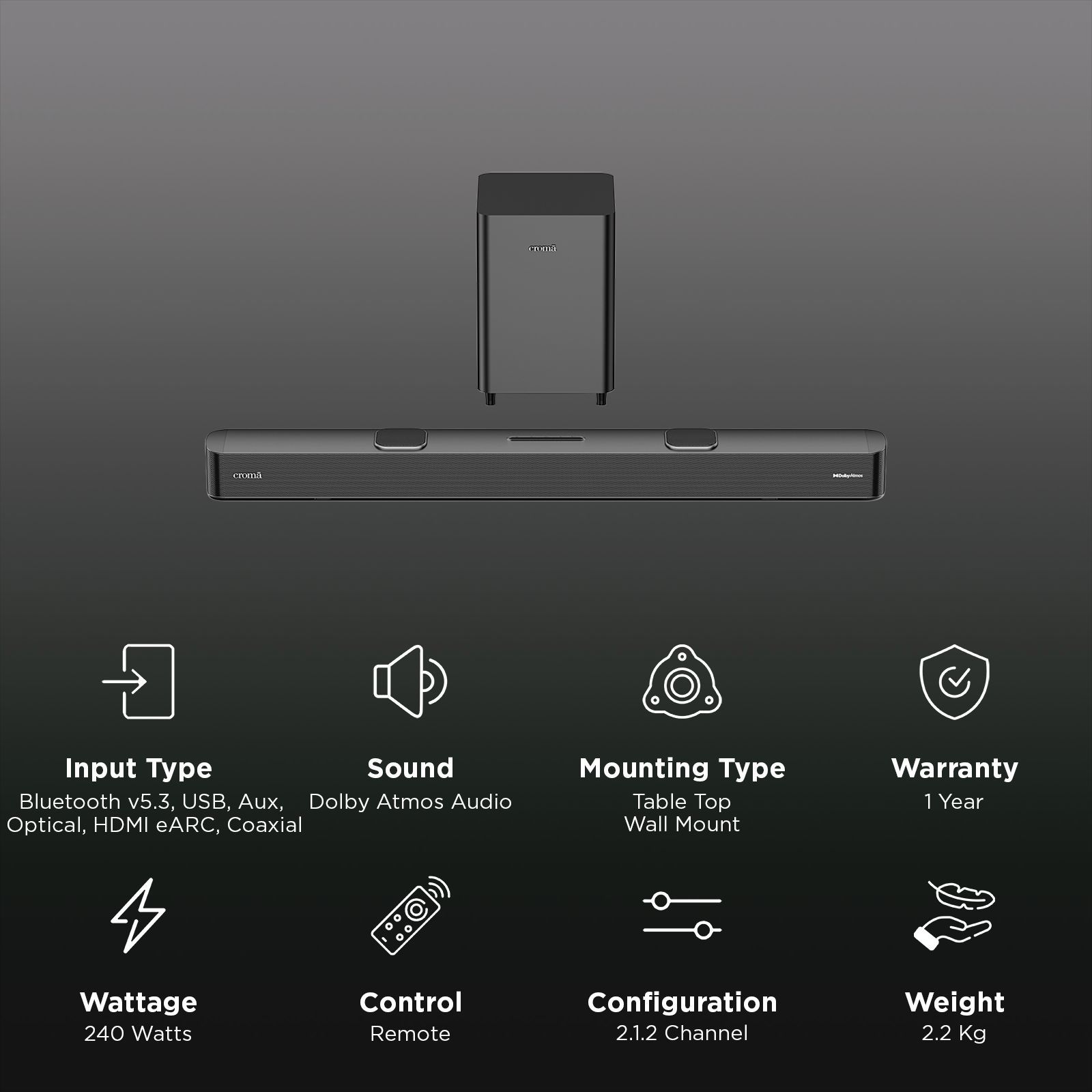Croma 240W Bluetooth Soundbar with Remote Control (Dolby Atmos, 2.1.2 Channel, Premium Black)_2