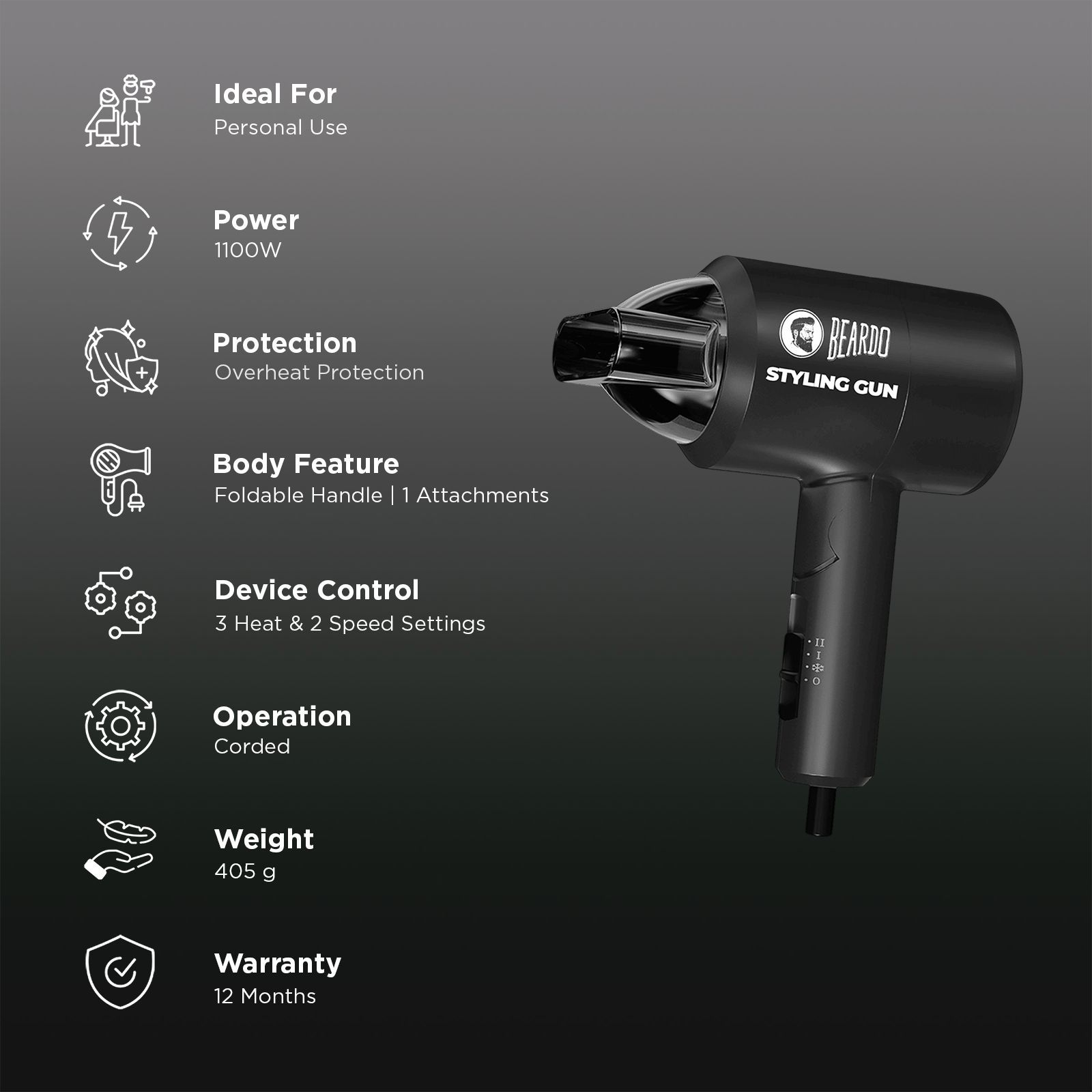 BEARDO Styling Gun Hair Dryer with 3 Heat Settings & Cool Flow (Thermo-Protect Technology, Black)_3